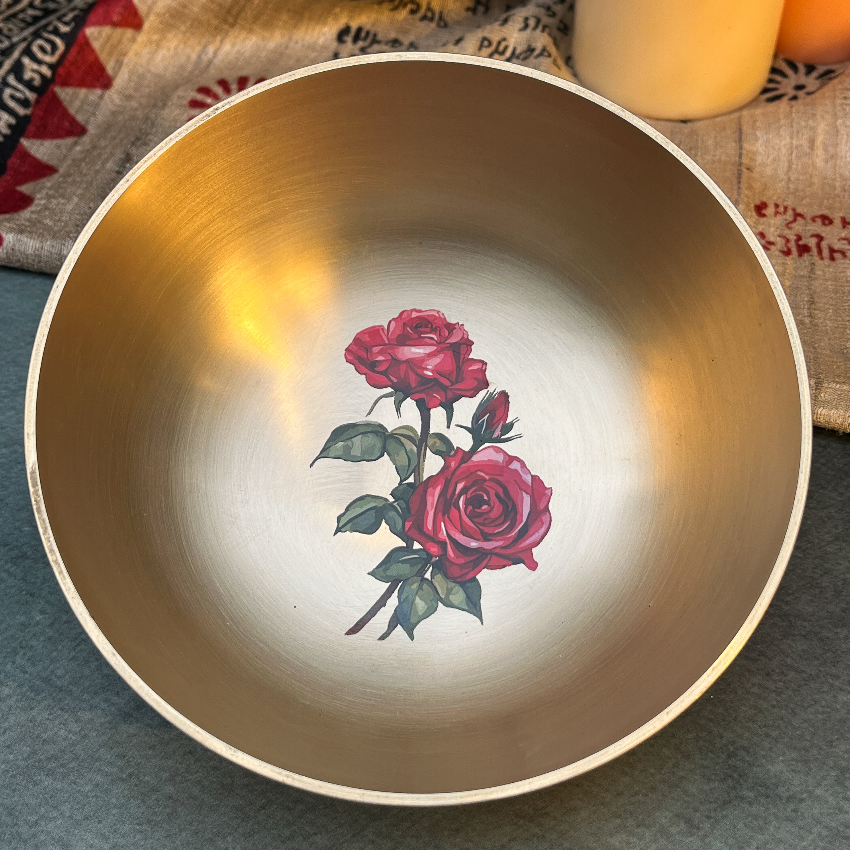 AMBI Pure 100% Lead Free Kansa Floral Hand Painted Finish Kansa Elegant Large Serving Bowl - 6.5 Inches - 930 ML