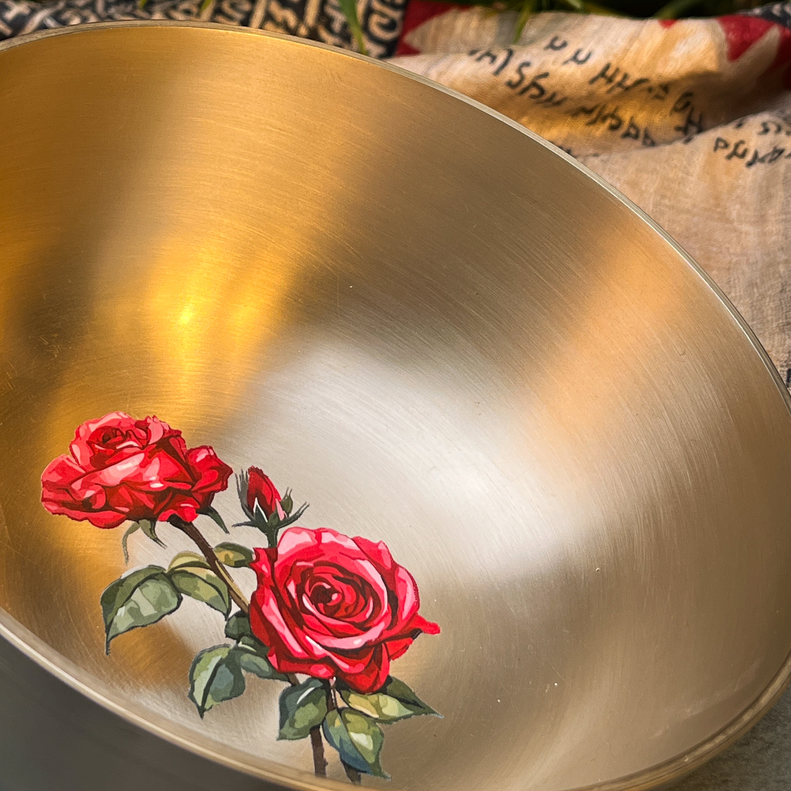 AMBI Pure 100% Lead Free Kansa Floral Hand Painted Finish Kansa Elegant Large Serving Bowl - 7 inches