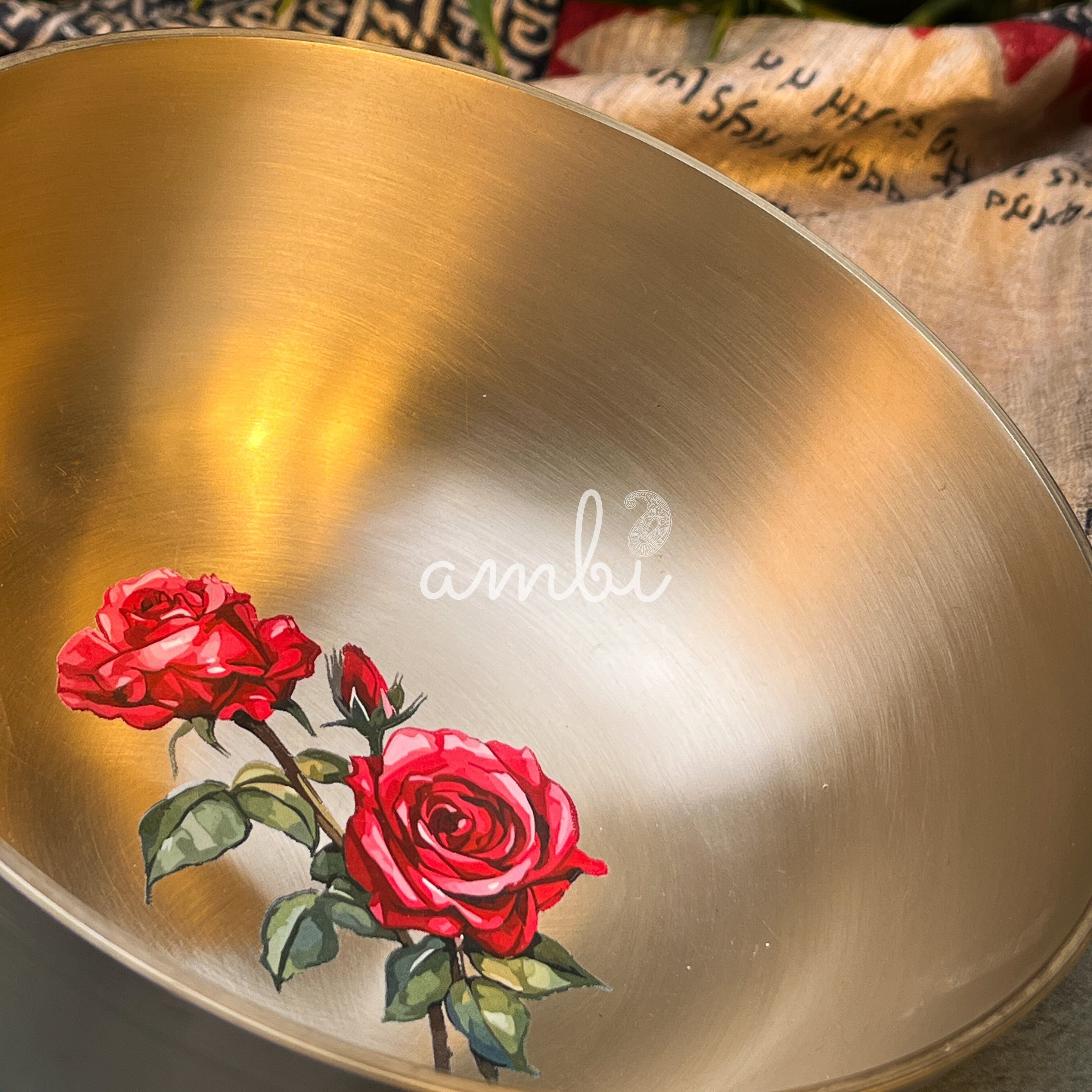 AMBI Pure 100% Lead Free Kansa Floral Hand Painted Finish Kansa Elegant Large Serving Bowl - 6.5 Inches - 930 ML