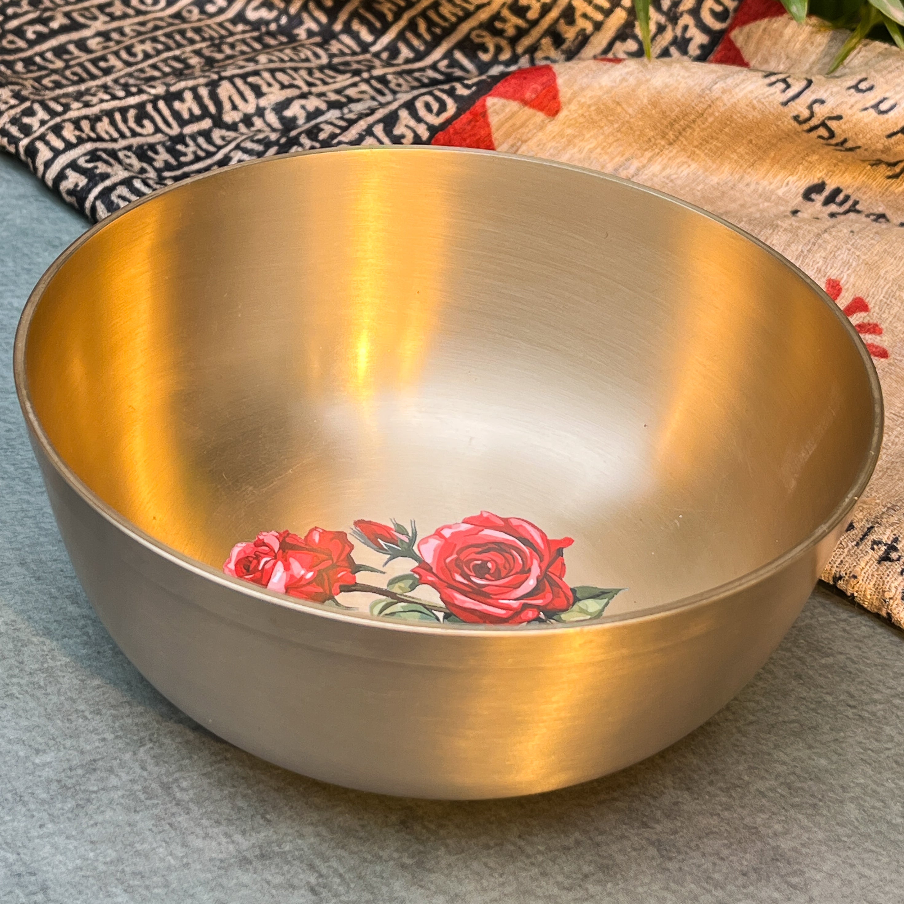 AMBI Pure 100% Lead Free Kansa Floral Hand Painted Finish Kansa Elegant Large Serving Bowl - 6.5 Inches - 930 ML