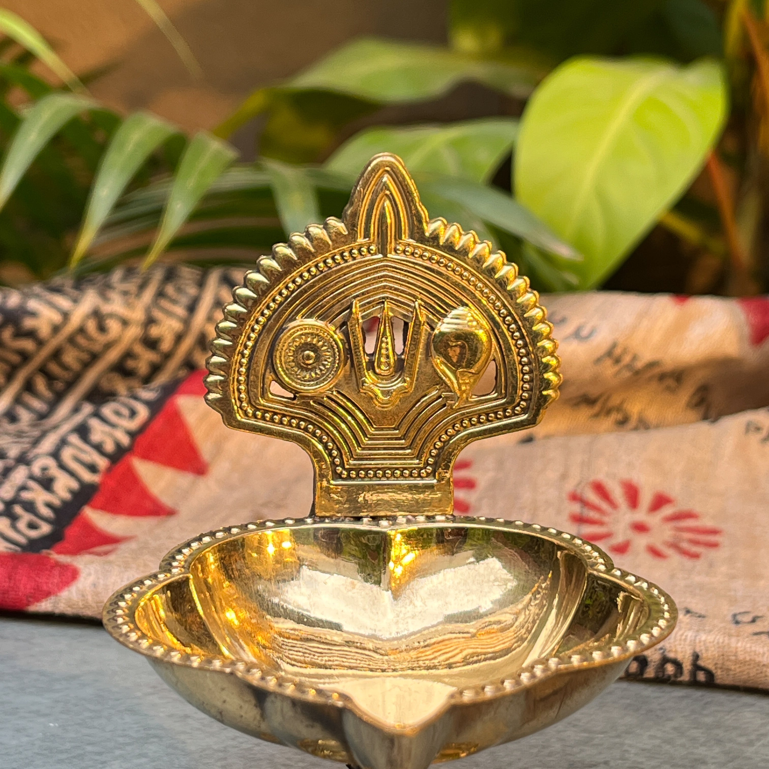 Deepa 100% Pure Brass Diya with Shankh & Chakra Motifs — Sacred Pooja Diya | Ambi
