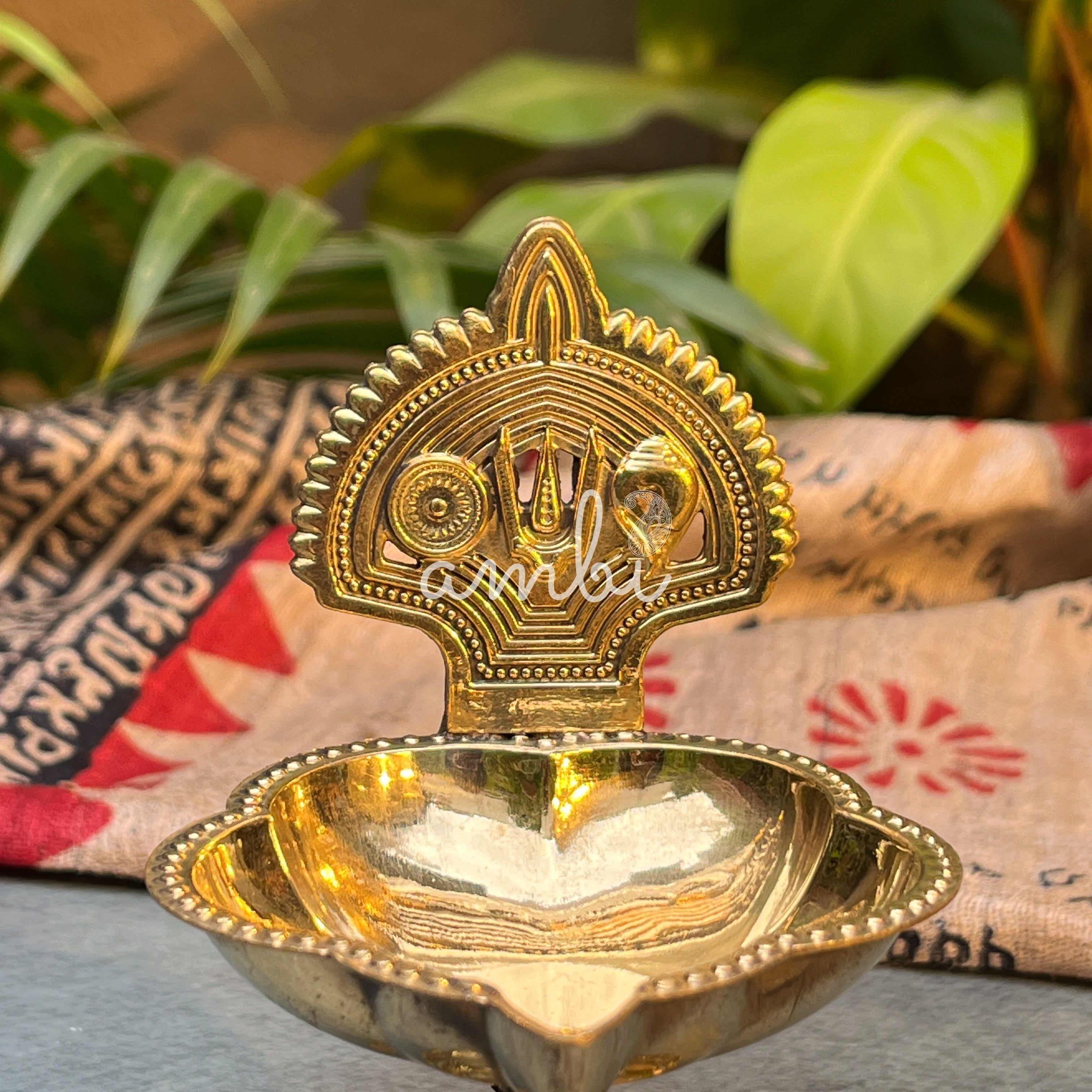 Deepa 100% Pure Brass Diya with Shankh & Chakra Motifs — Sacred Pooja Diya | Ambi