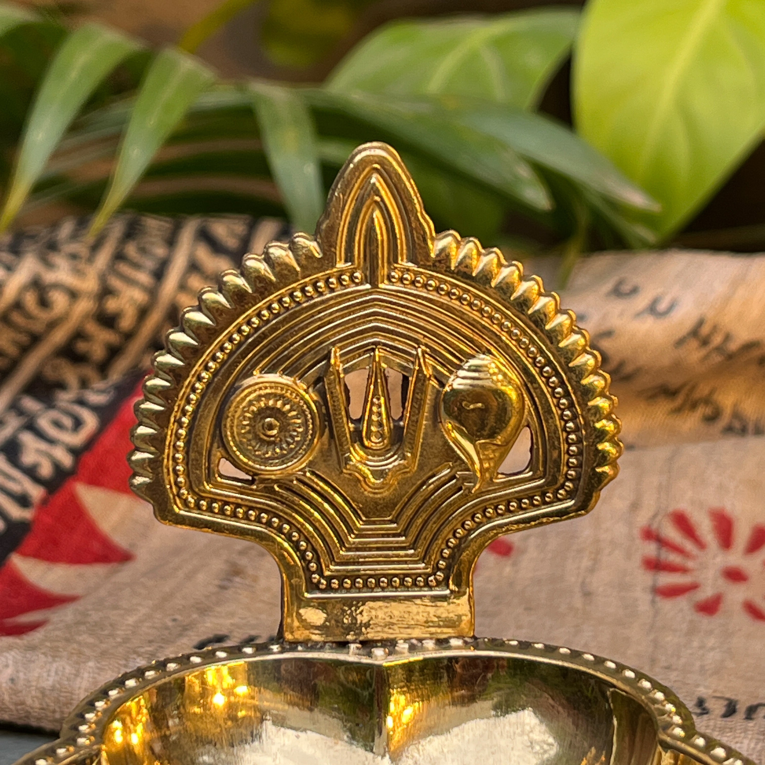 Deepa 100% Pure Brass Diya with Shankh & Chakra Motifs — Sacred Pooja Diya | Ambi