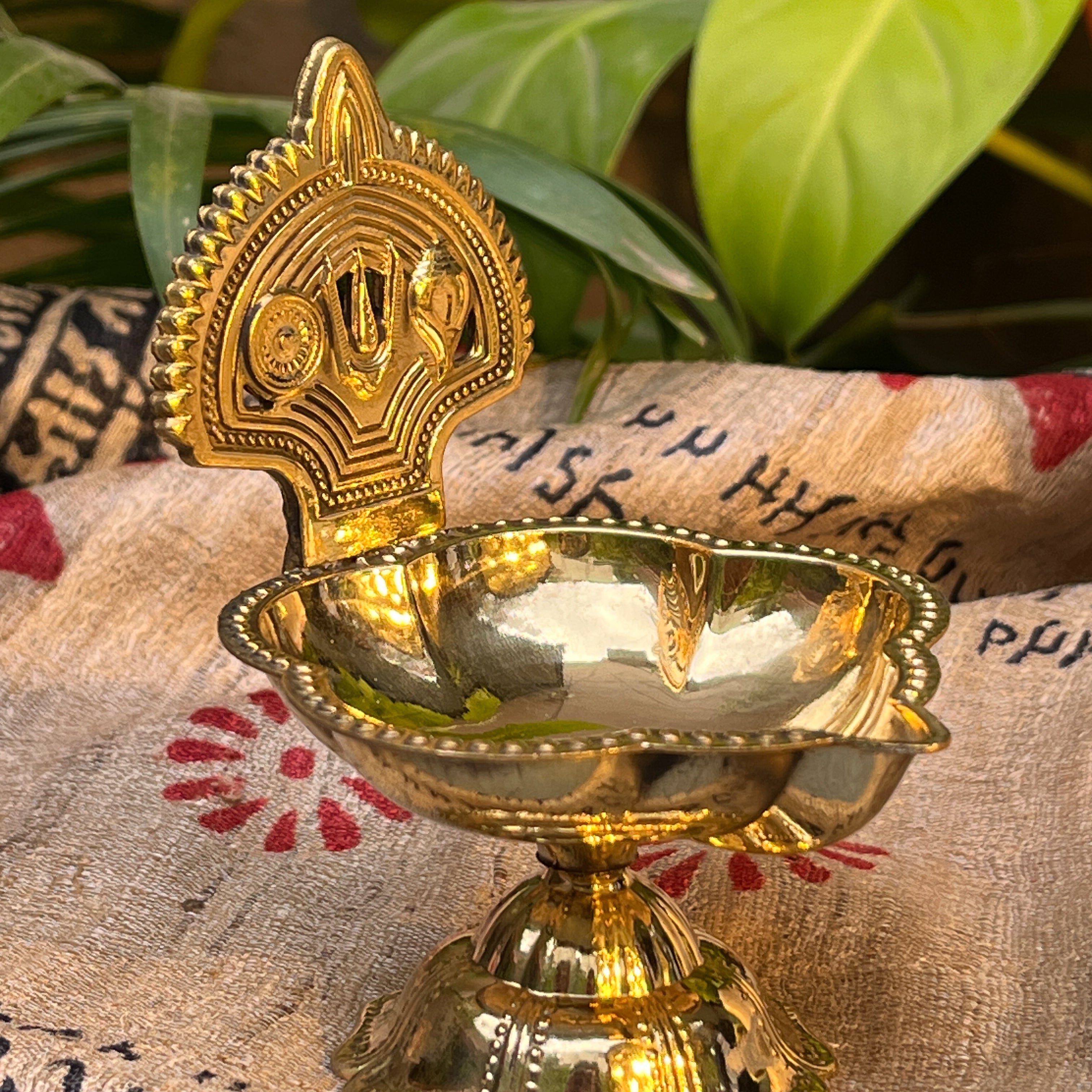 Deepa 100% Pure Brass Diya with Shankh & Chakra Motifs — Sacred Pooja Diya | Ambi
