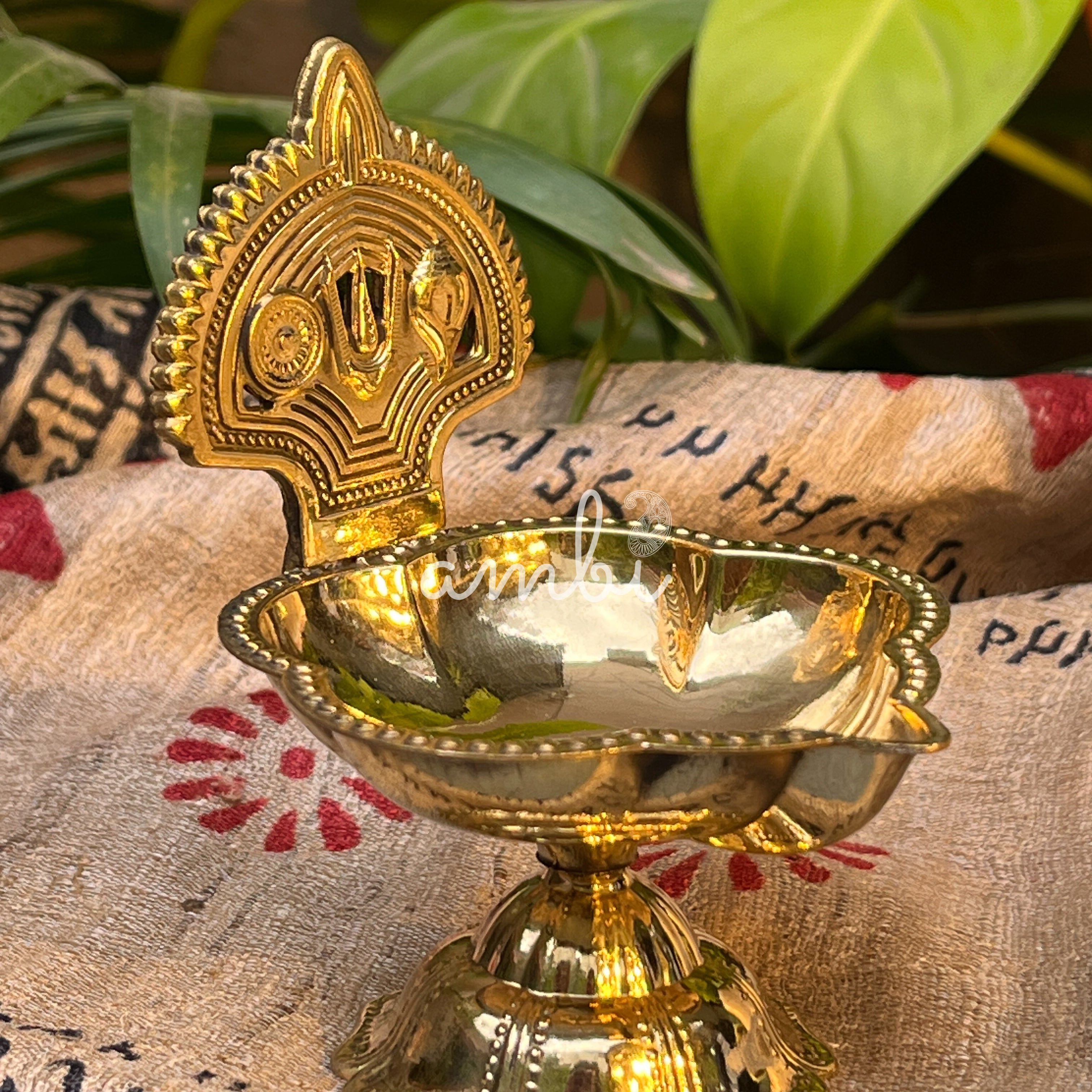 Deepa 100% Pure Brass Diya with Shankh & Chakra Motifs — Sacred Pooja Diya | Ambi