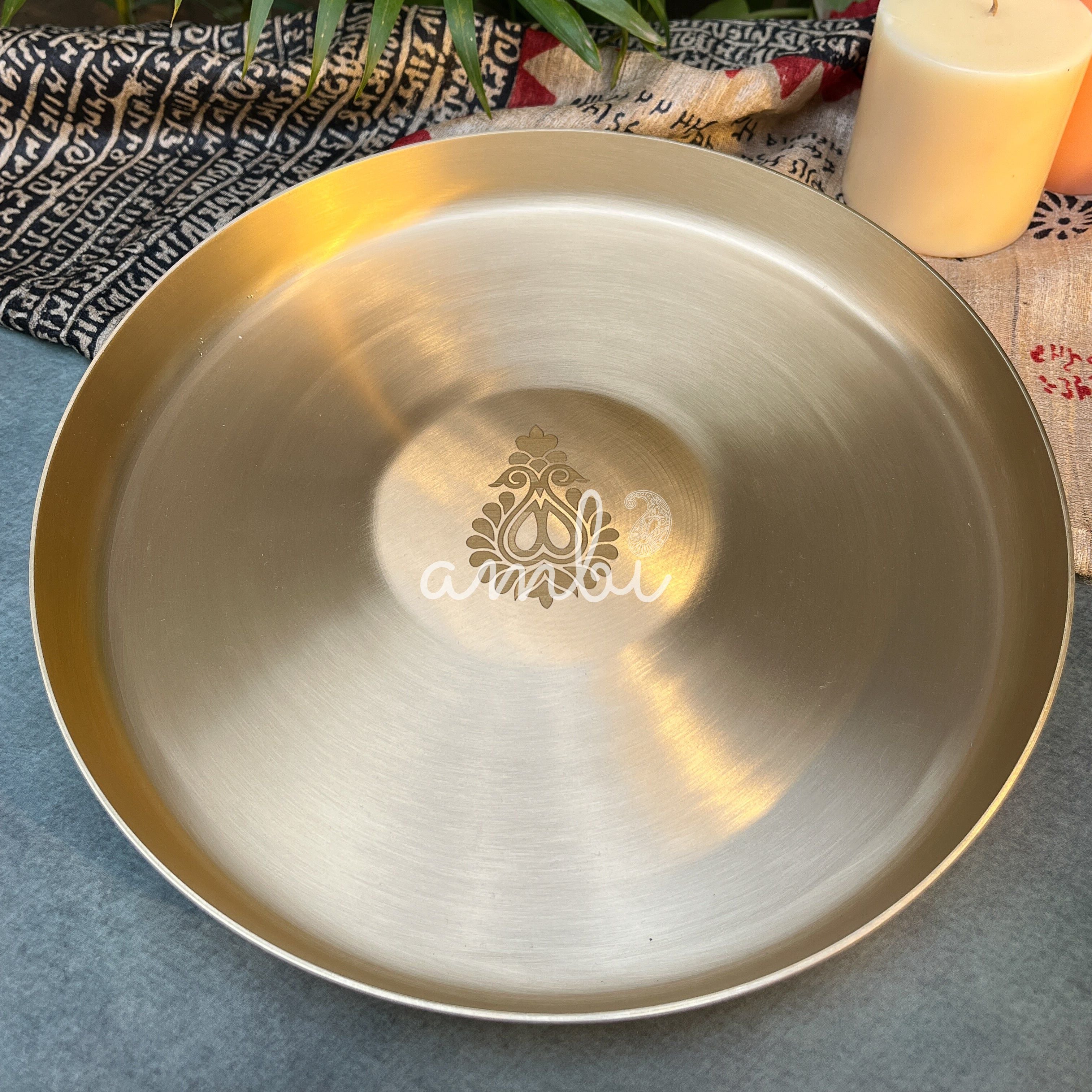 AMBI 100% Pure Kansa Dining Plate / Thali / Pooja Plate with Laser Cut Paisley Design- 12 Inch
