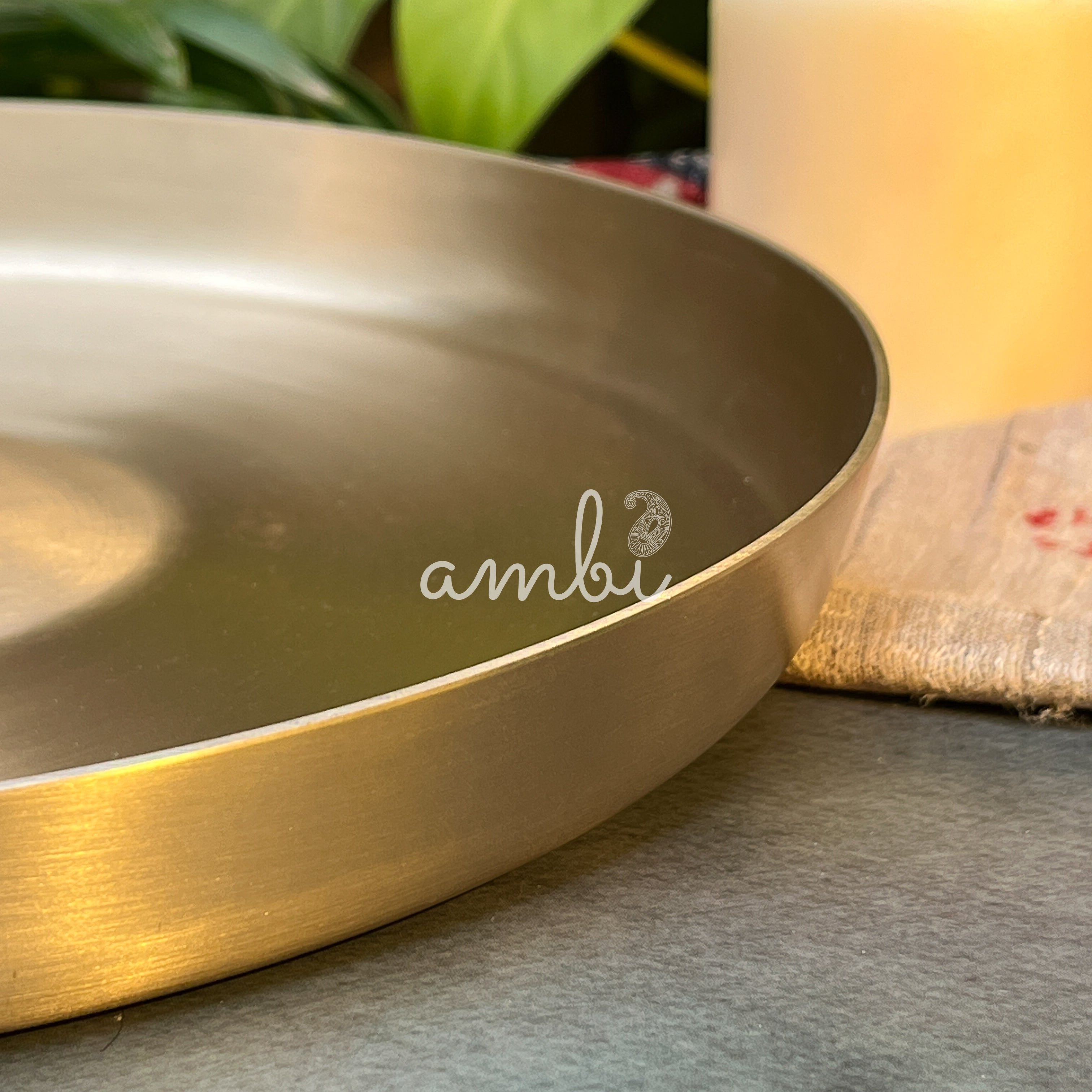 AMBI 100% Pure Kansa Dining Plate / Thali / Pooja Plate with Laser Cut Paisley Design- 12 Inch