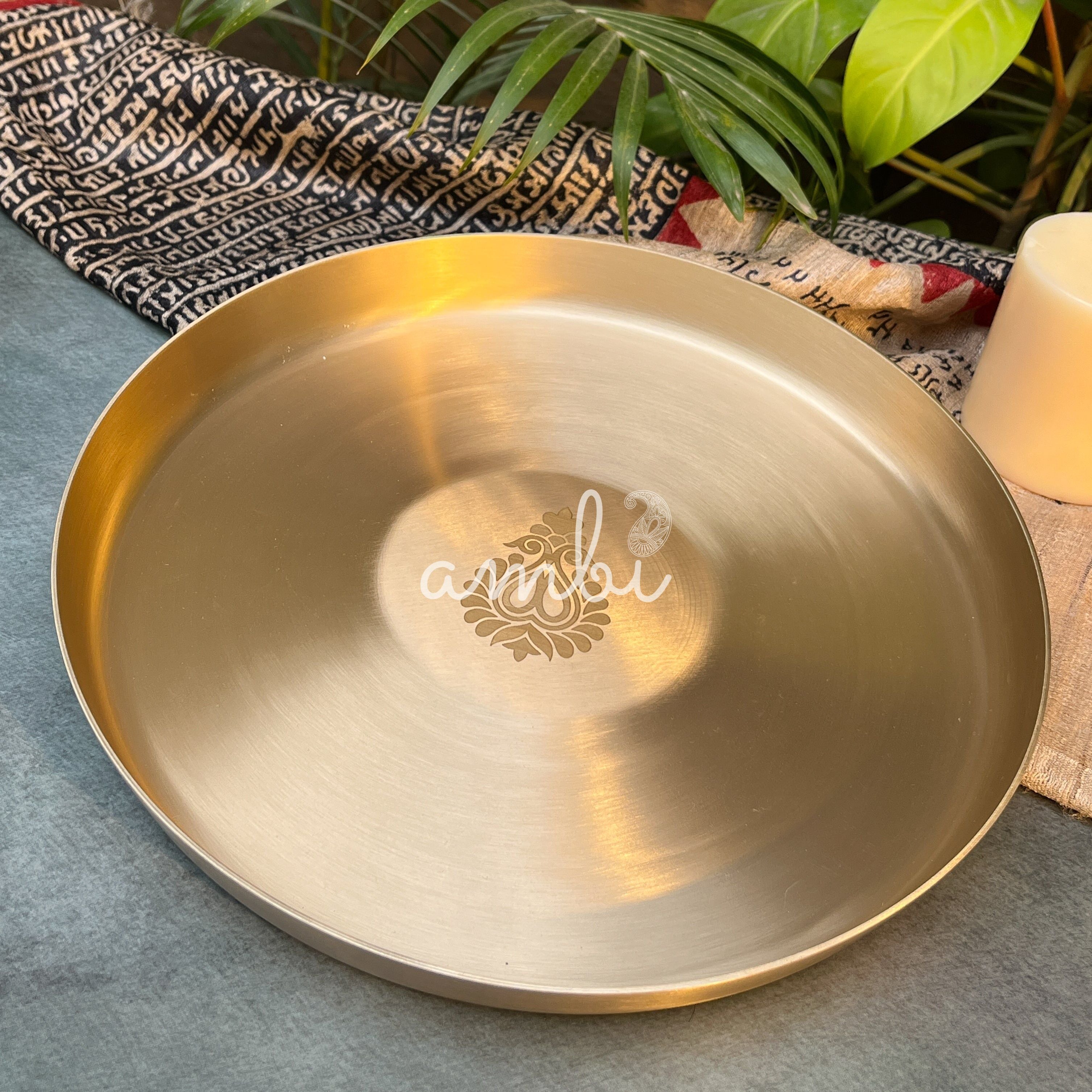 AMBI 100% Pure Kansa Dining Plate / Thali / Pooja Plate with Laser Cut Paisley Design- 12 Inch