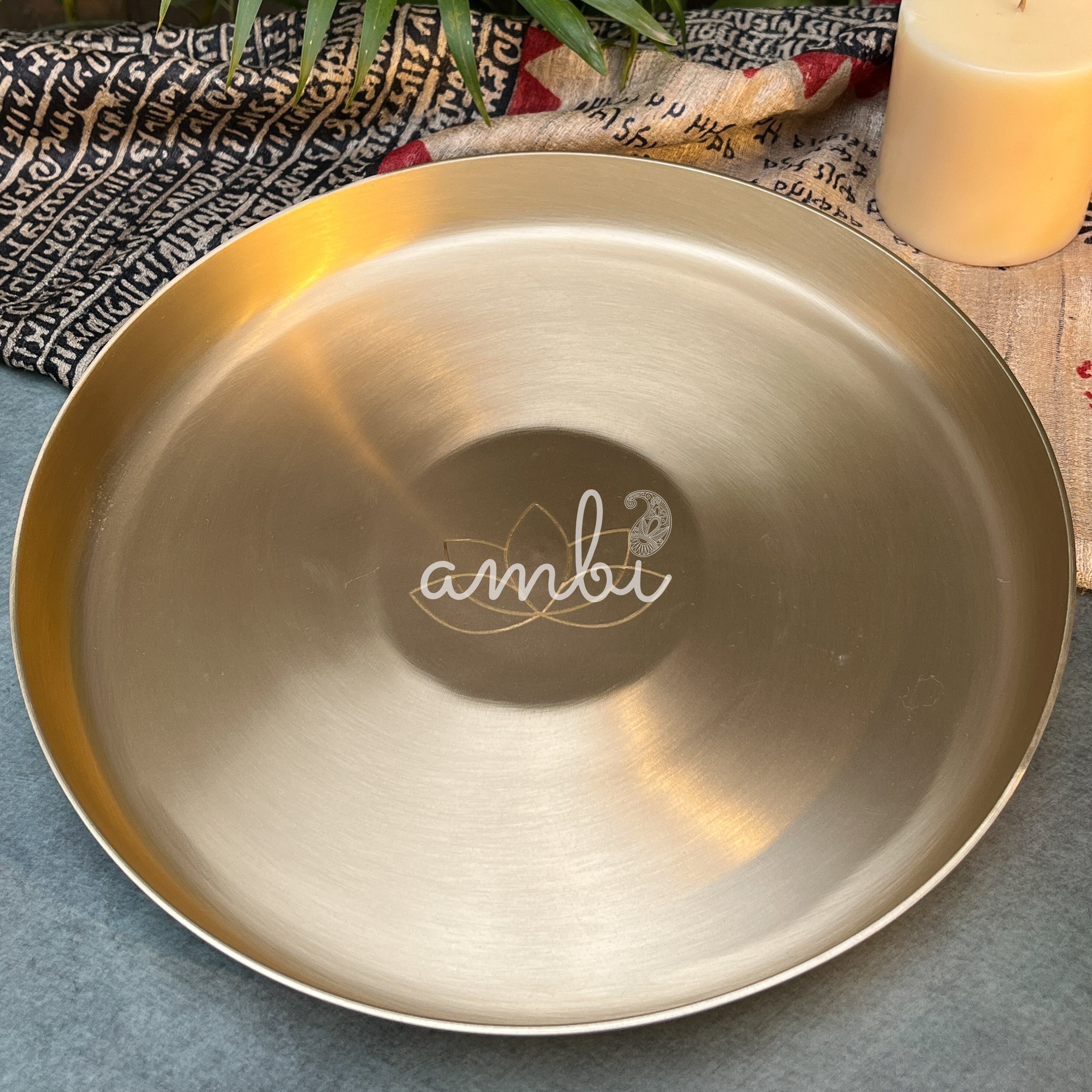 AMBI 100% Pure Kansa Dining Plate / Thali / Pooja Plate with Laser Cut Lotus Design- 12 Inch