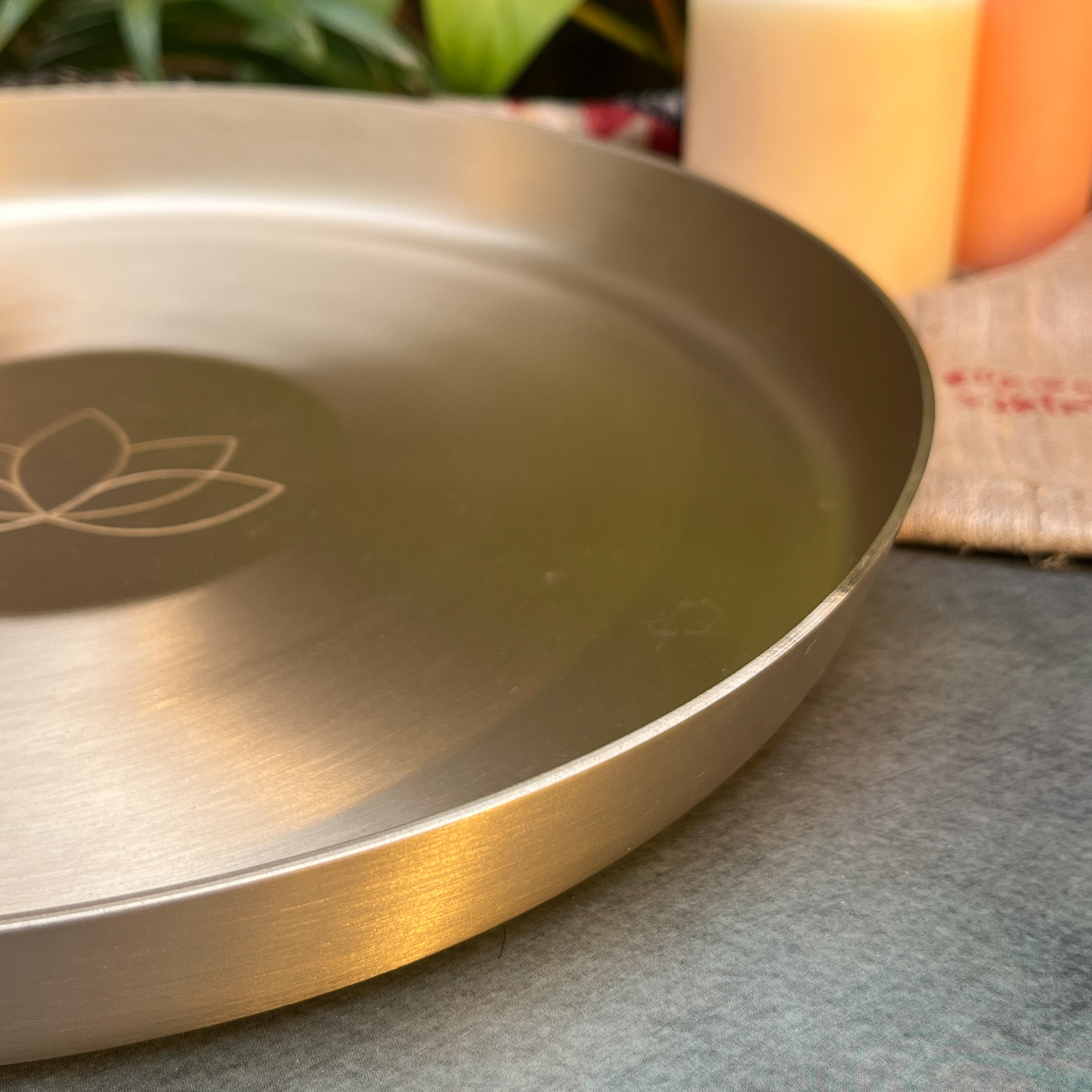 AMBI 100% Pure Kansa Dining Plate / Thali / Pooja Plate with Laser Cut Lotus Design- 12 Inch