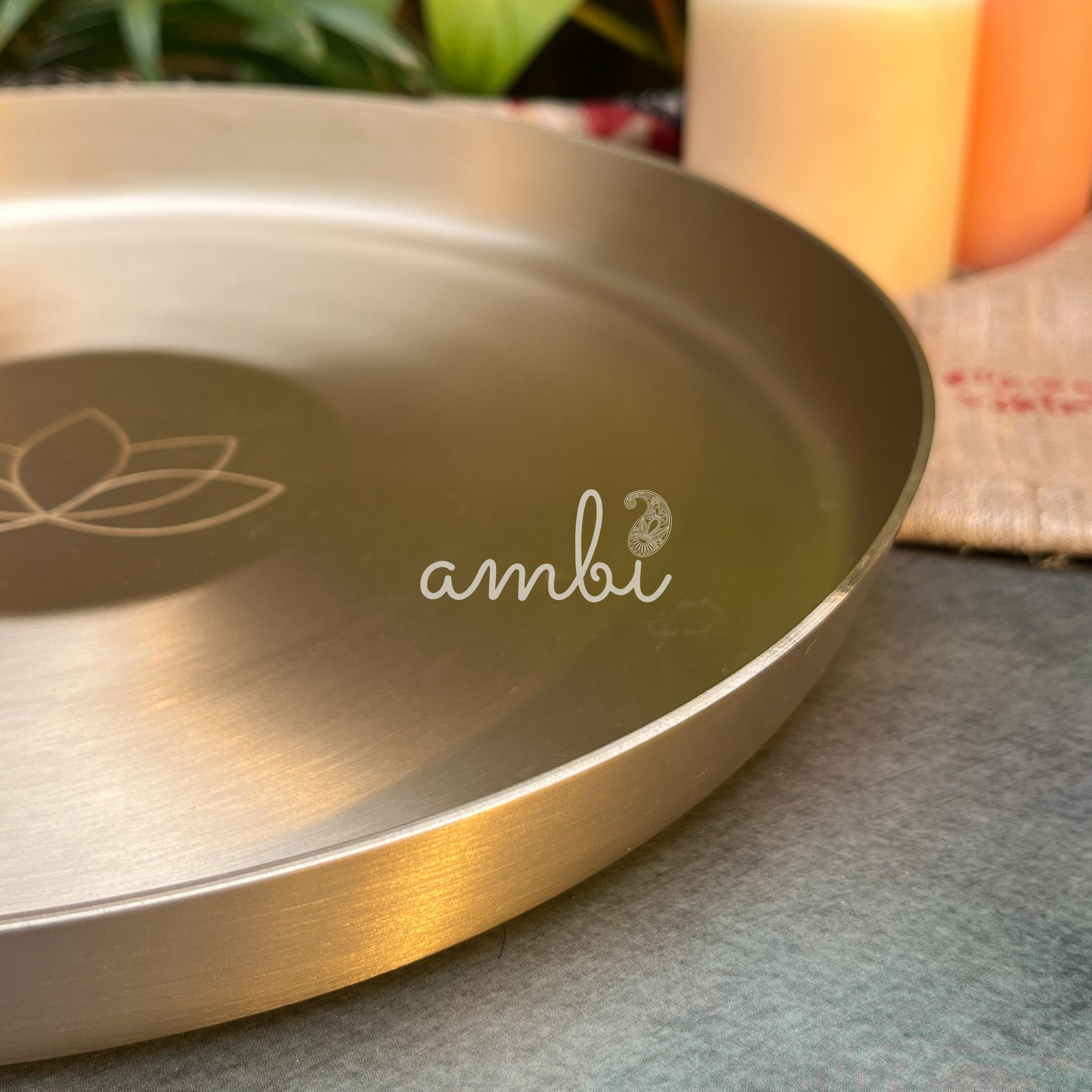 AMBI 100% Pure Kansa Dining Plate / Thali / Pooja Plate with Laser Cut Lotus Design- 12 Inch