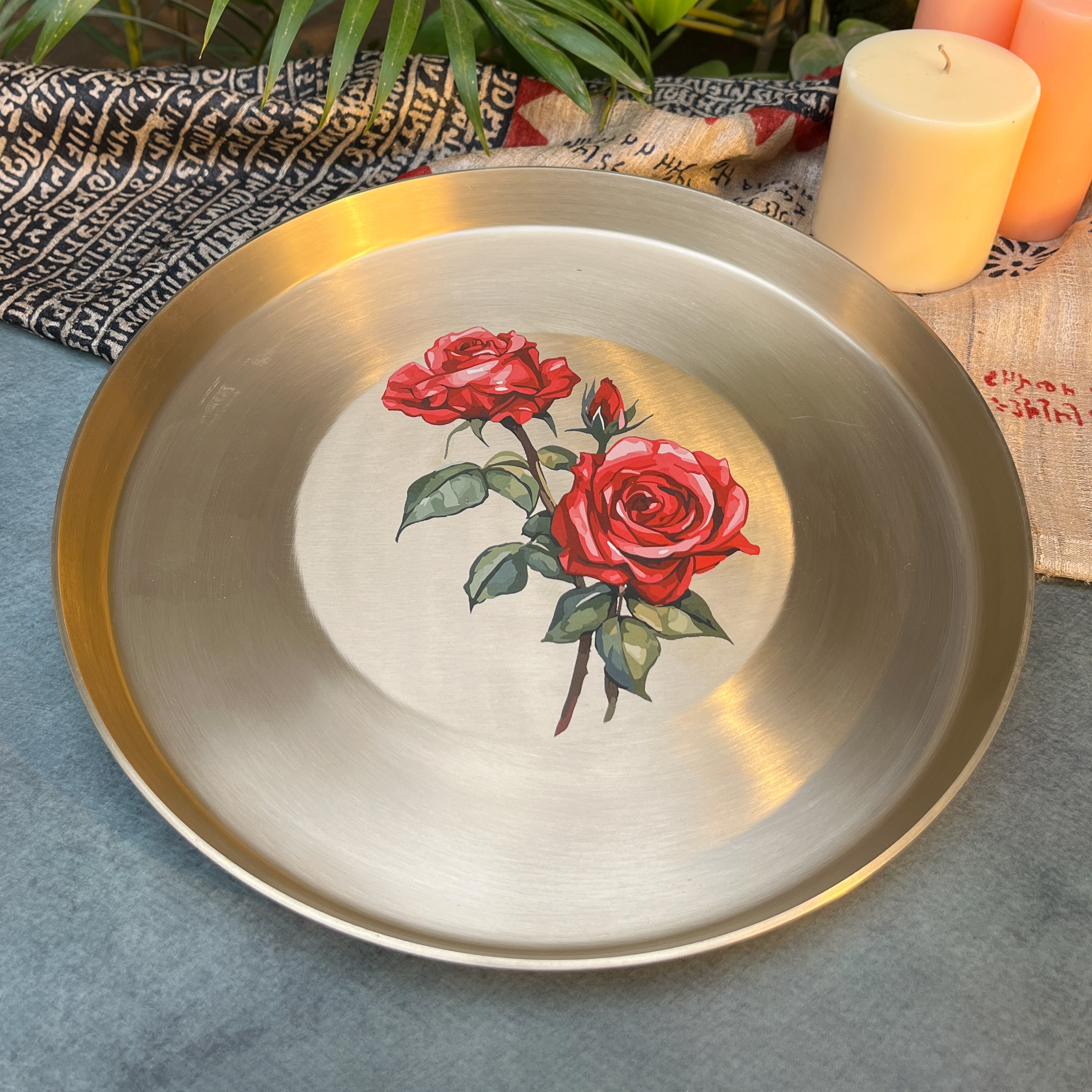 AMBI 100% Pure Kansa Floral Hand Painted Finish Heavy Dining Plate / Thali / Pooja Plate - 12 Inches