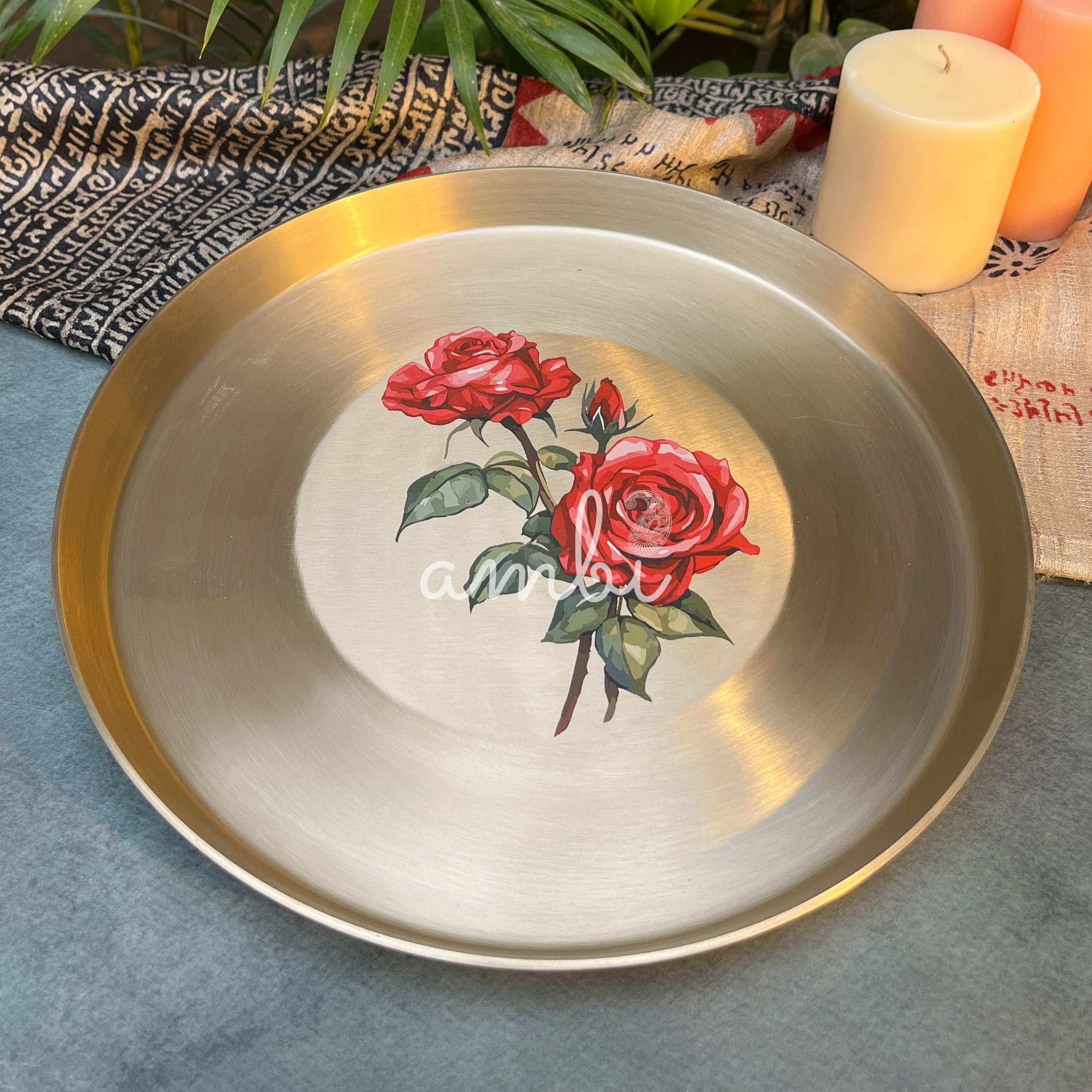 AMBI 100% Pure Kansa Floral Hand Painted Finish Heavy Dining Plate / Thali / Pooja Plate - 12 Inches