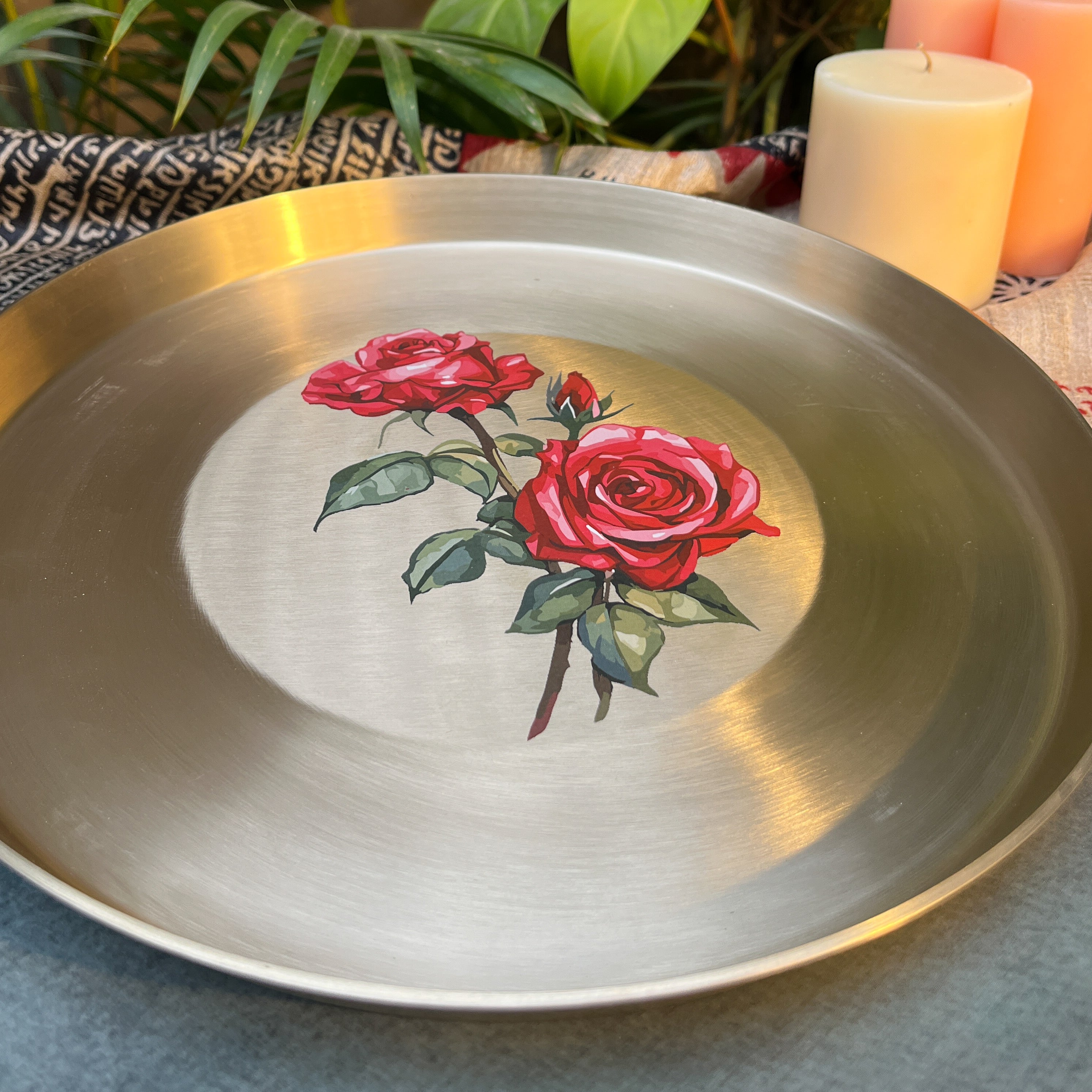 AMBI 100% Pure Kansa Floral Hand Painted Finish Heavy Dining Plate / Thali / Pooja Plate - 12 Inches