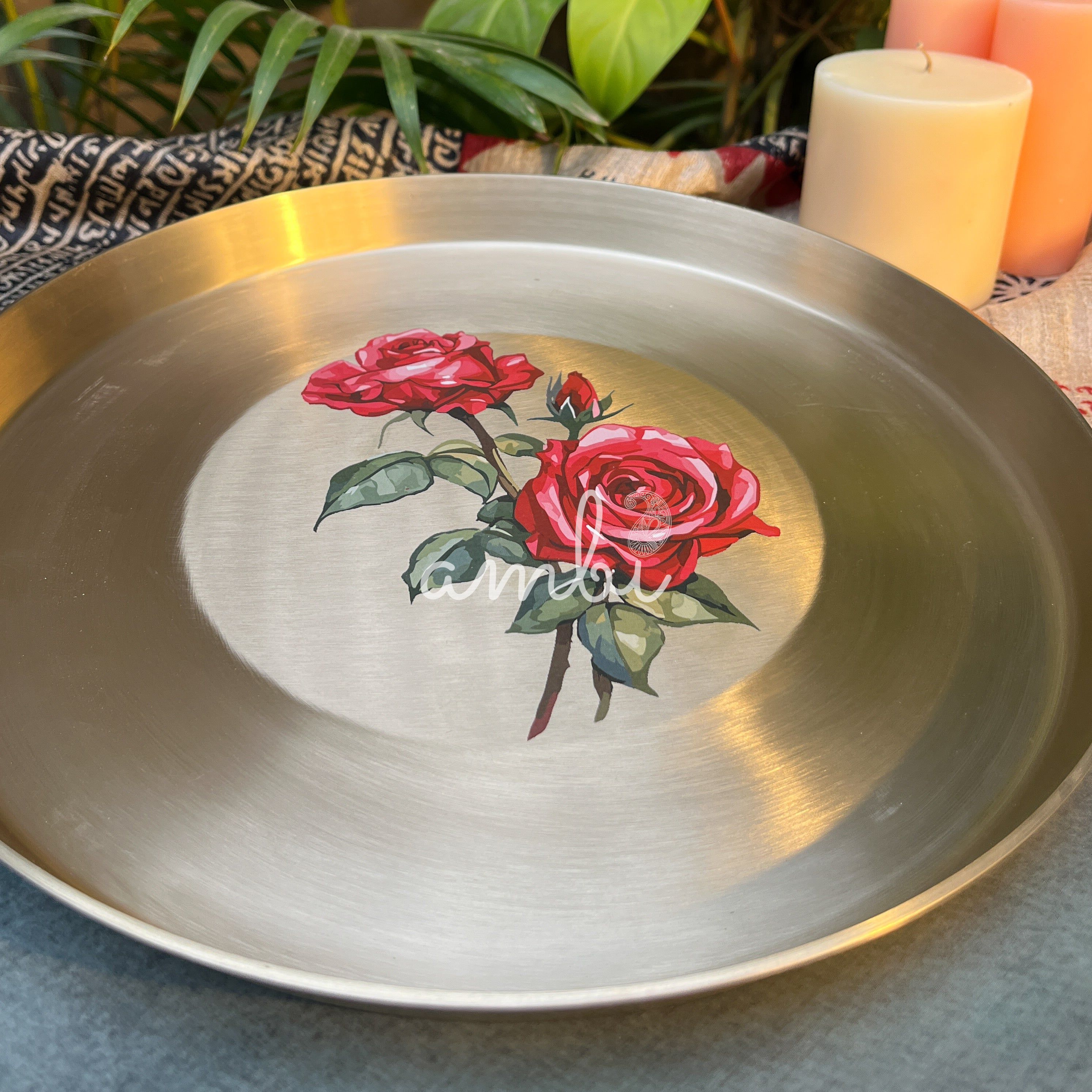 AMBI 100% Pure Kansa Floral Hand Painted Finish Heavy Dining Plate / Thali / Pooja Plate - 12 Inches