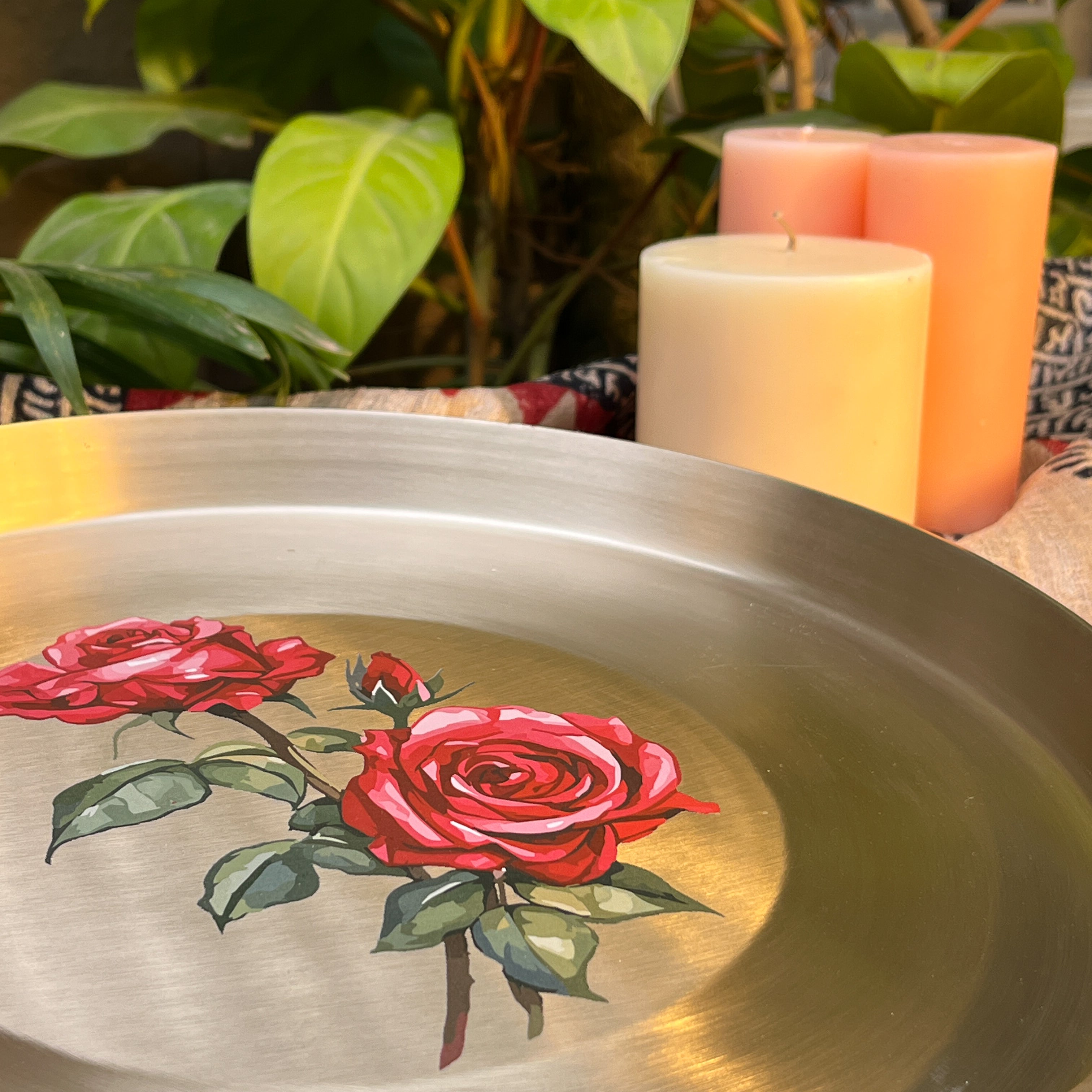 AMBI 100% Pure Kansa Floral Hand Painted Finish Heavy Dining Plate / Thali / Pooja Plate - 12 Inches