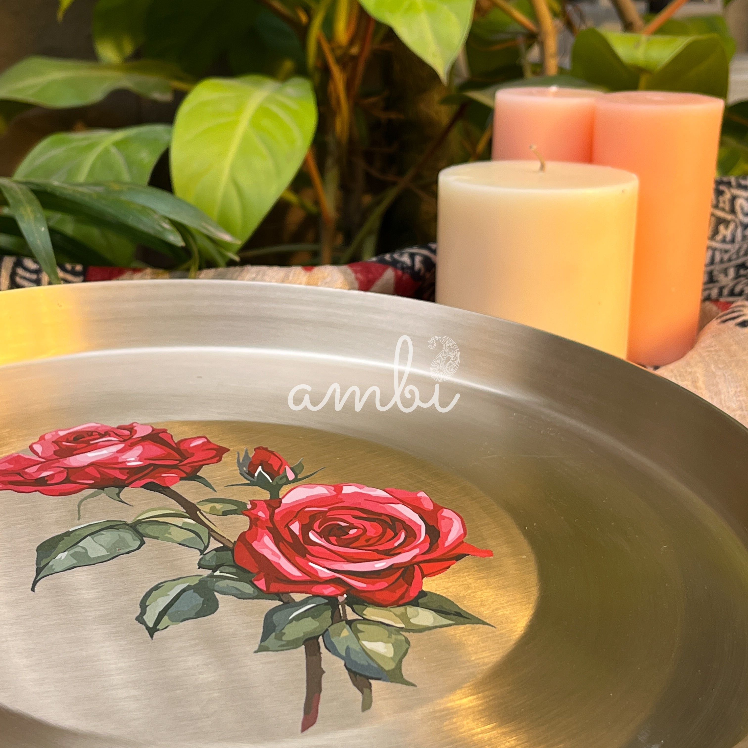 AMBI 100% Pure Kansa Floral Hand Painted Finish Heavy Dining Plate / Thali / Pooja Plate - 12 Inches