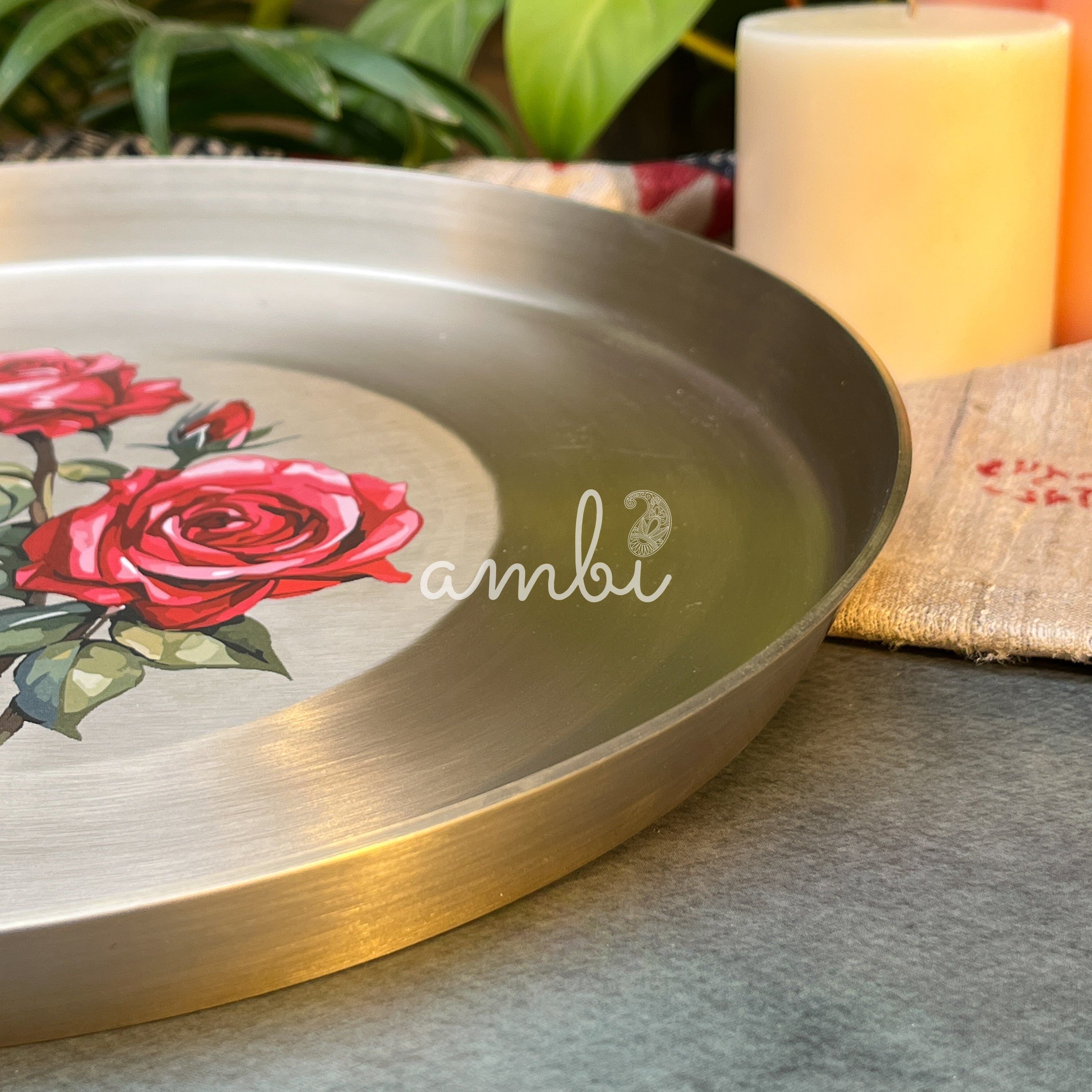 AMBI 100% Pure Kansa Floral Hand Painted Finish Heavy Dining Plate / Thali / Pooja Plate - 12 Inches