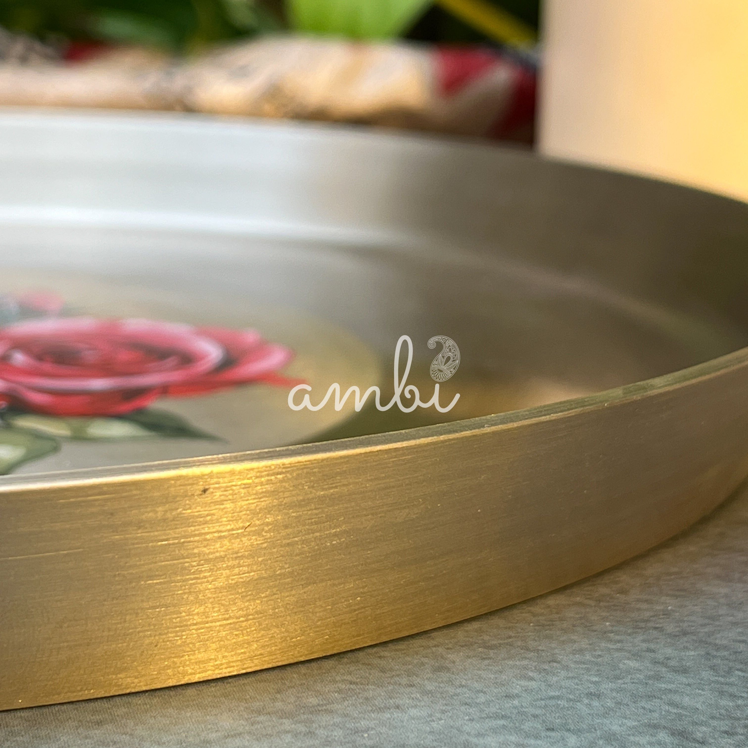 AMBI 100% Pure Kansa Floral Hand Painted Finish Heavy Dining Plate / Thali / Pooja Plate - 12 Inches