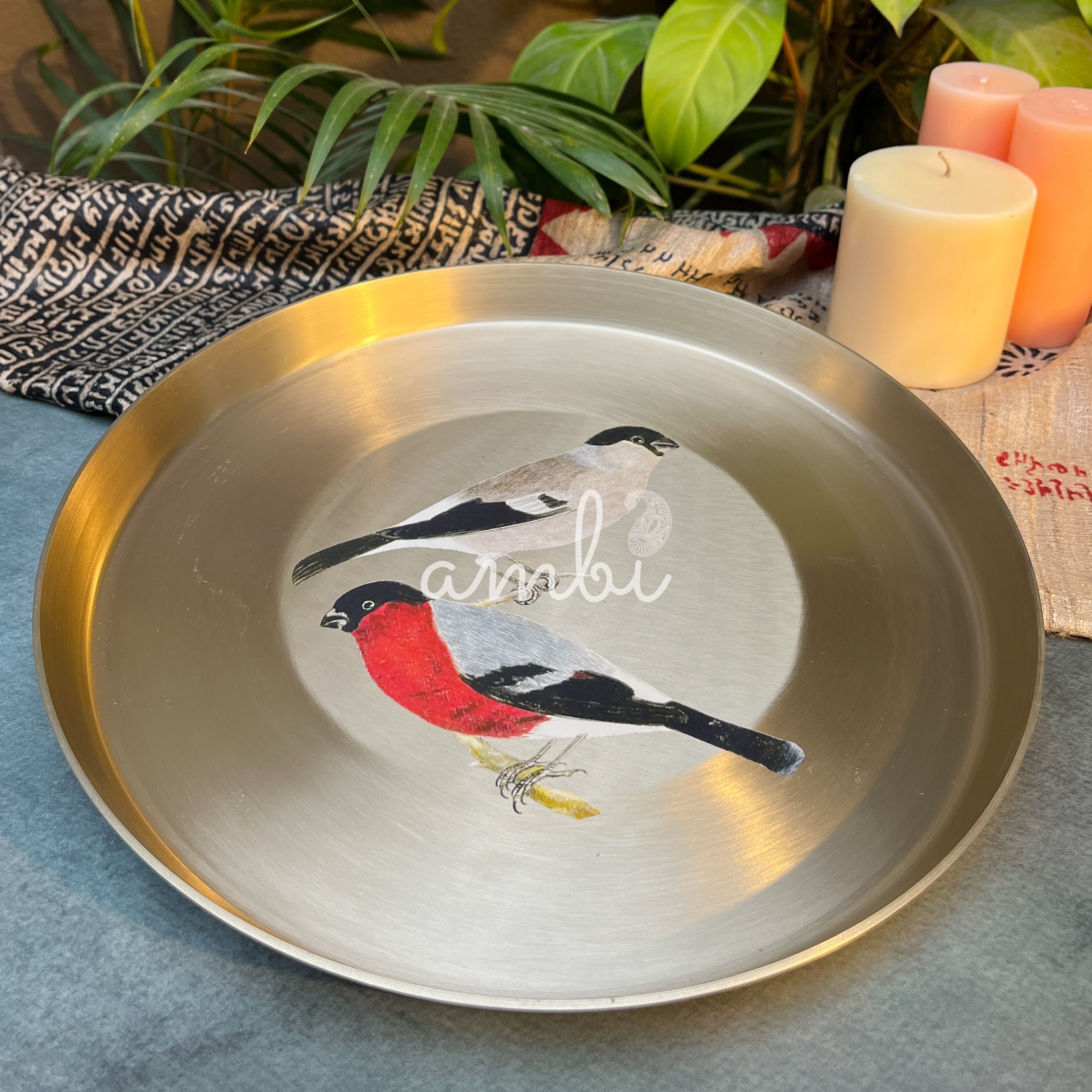 AMBI 100% Pure Kansa Sparrow Hand Painted Finish Heavy Dining Plate / Thali / Pooja Plate - 12 Inches