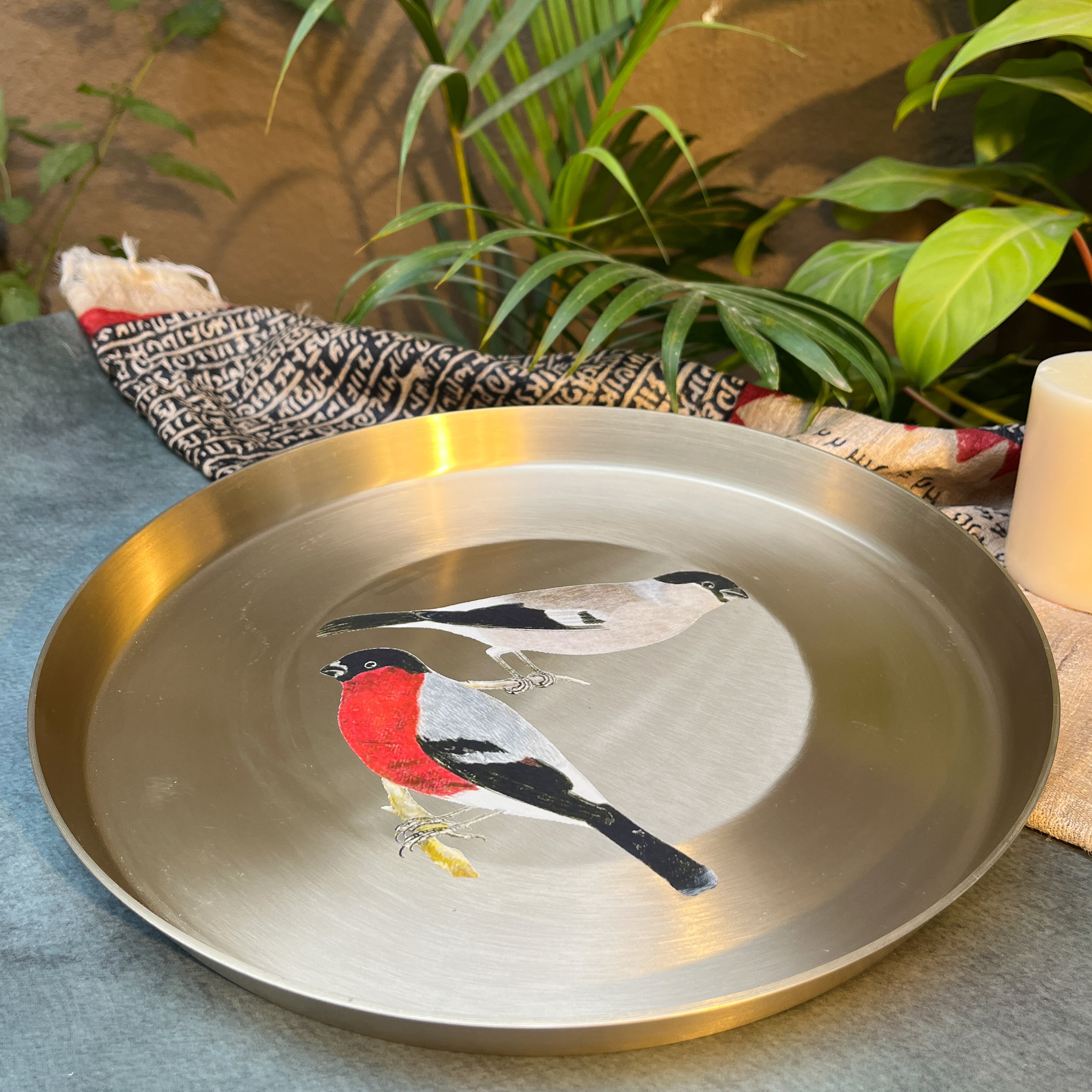 AMBI 100% Pure Kansa Sparrow Hand Painted Finish Heavy Dining Plate / Thali / Pooja Plate - 12 Inches