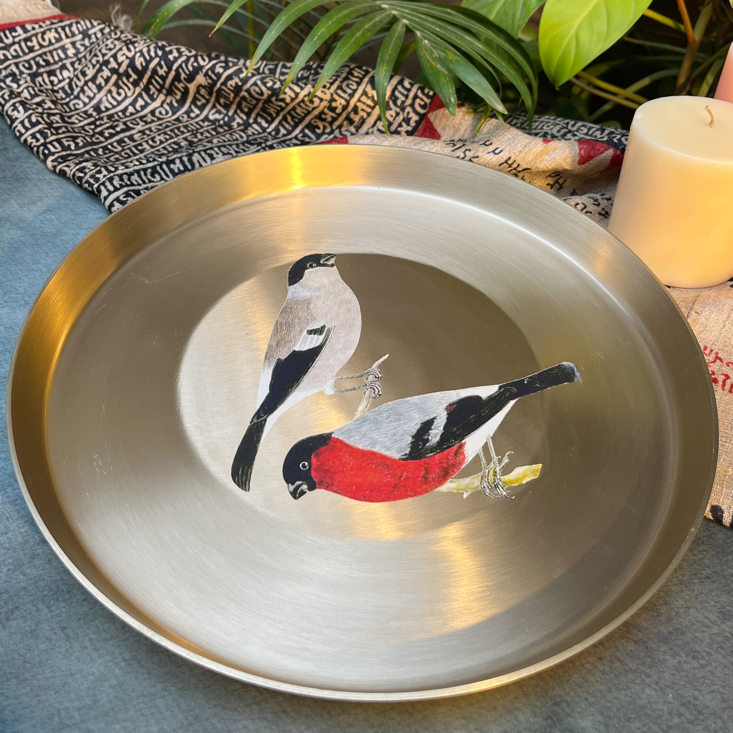 AMBI 100% Pure Kansa Sparrow Hand Painted Finish Heavy Dining Plate / Thali / Pooja Plate - 12 inches