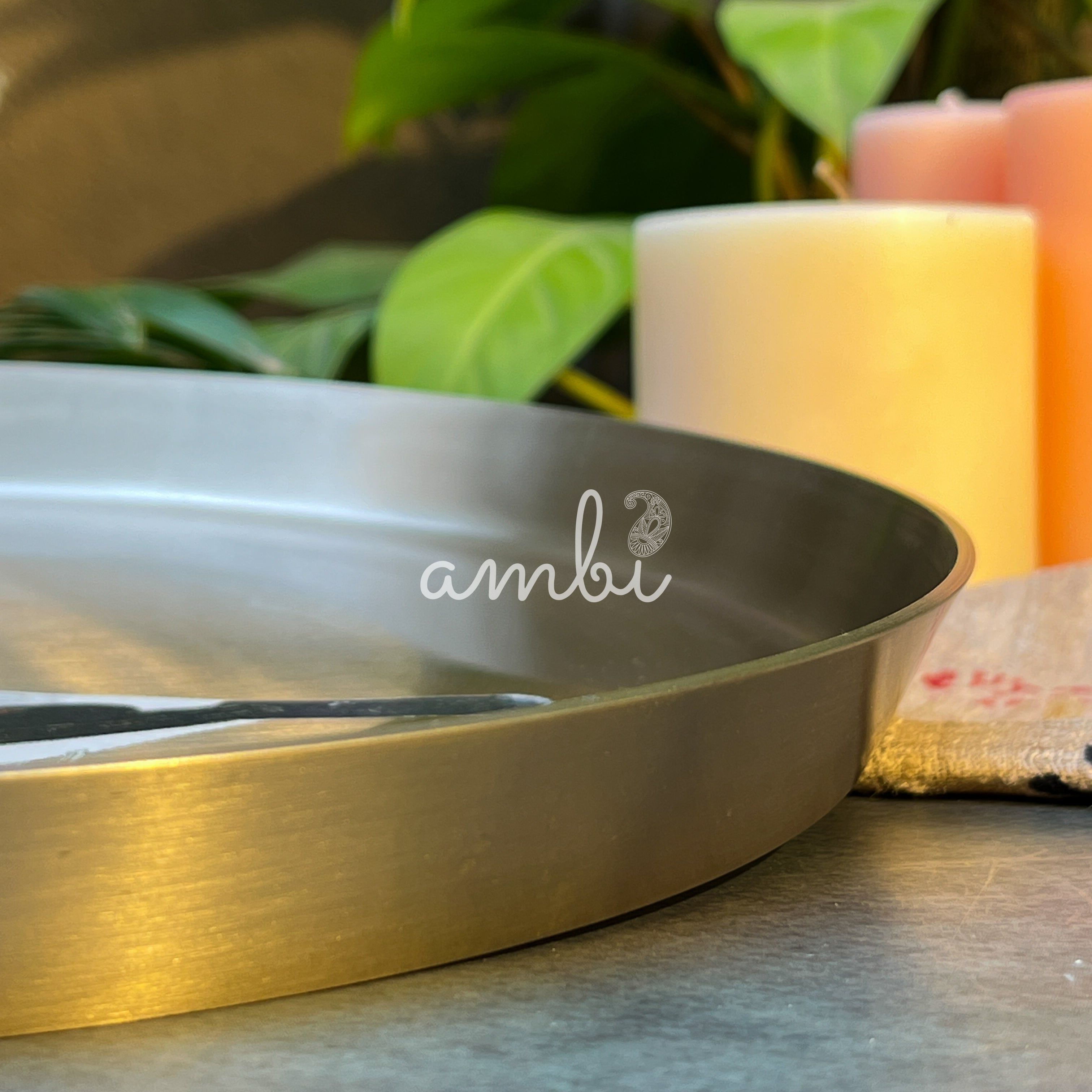 AMBI 100% Pure Kansa Sparrow Hand Painted Finish Heavy Dining Plate / Thali / Pooja Plate - 12 Inches