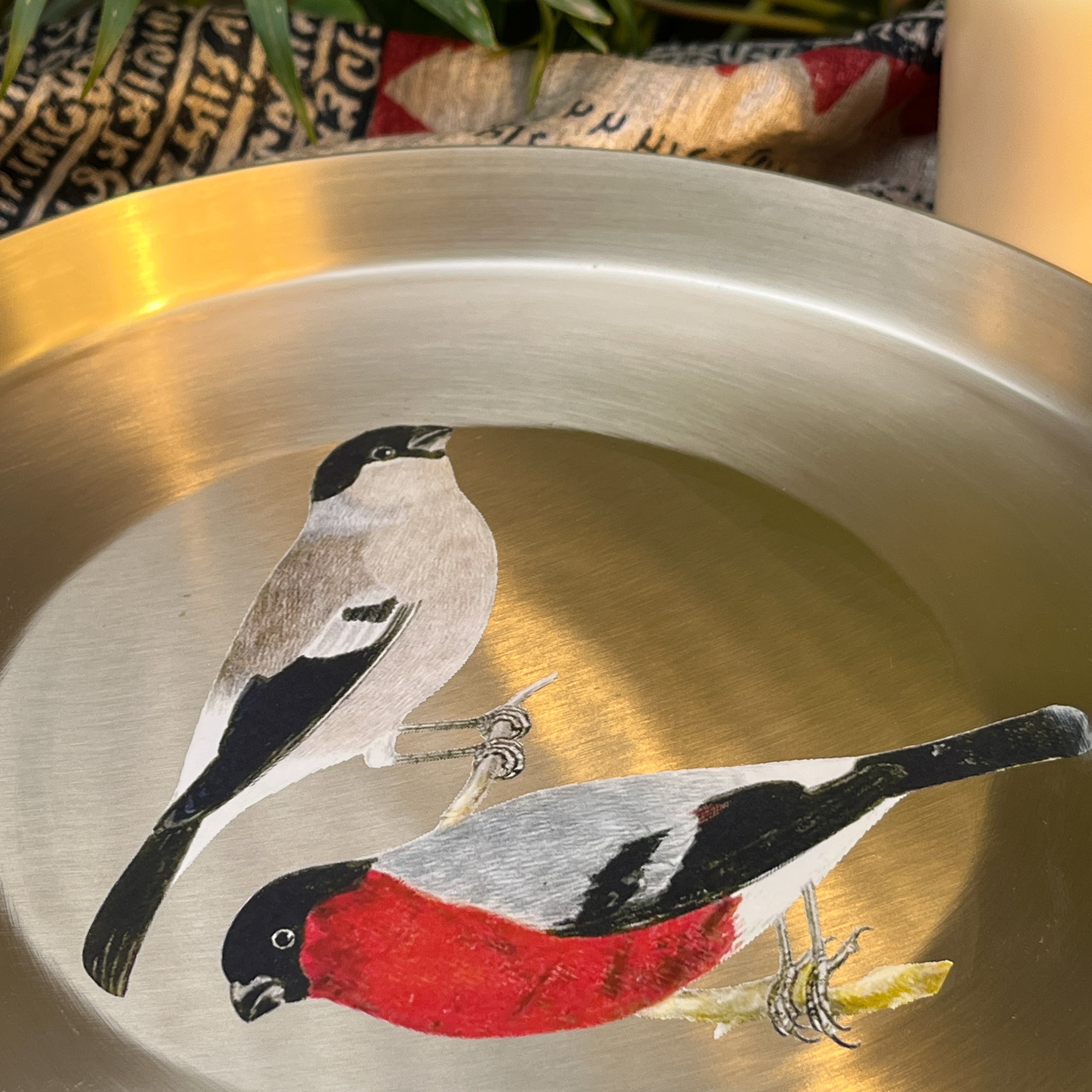 AMBI 100% Pure Kansa Sparrow Hand Painted Finish Heavy Dining Plate / Thali / Pooja Plate - 12 inches