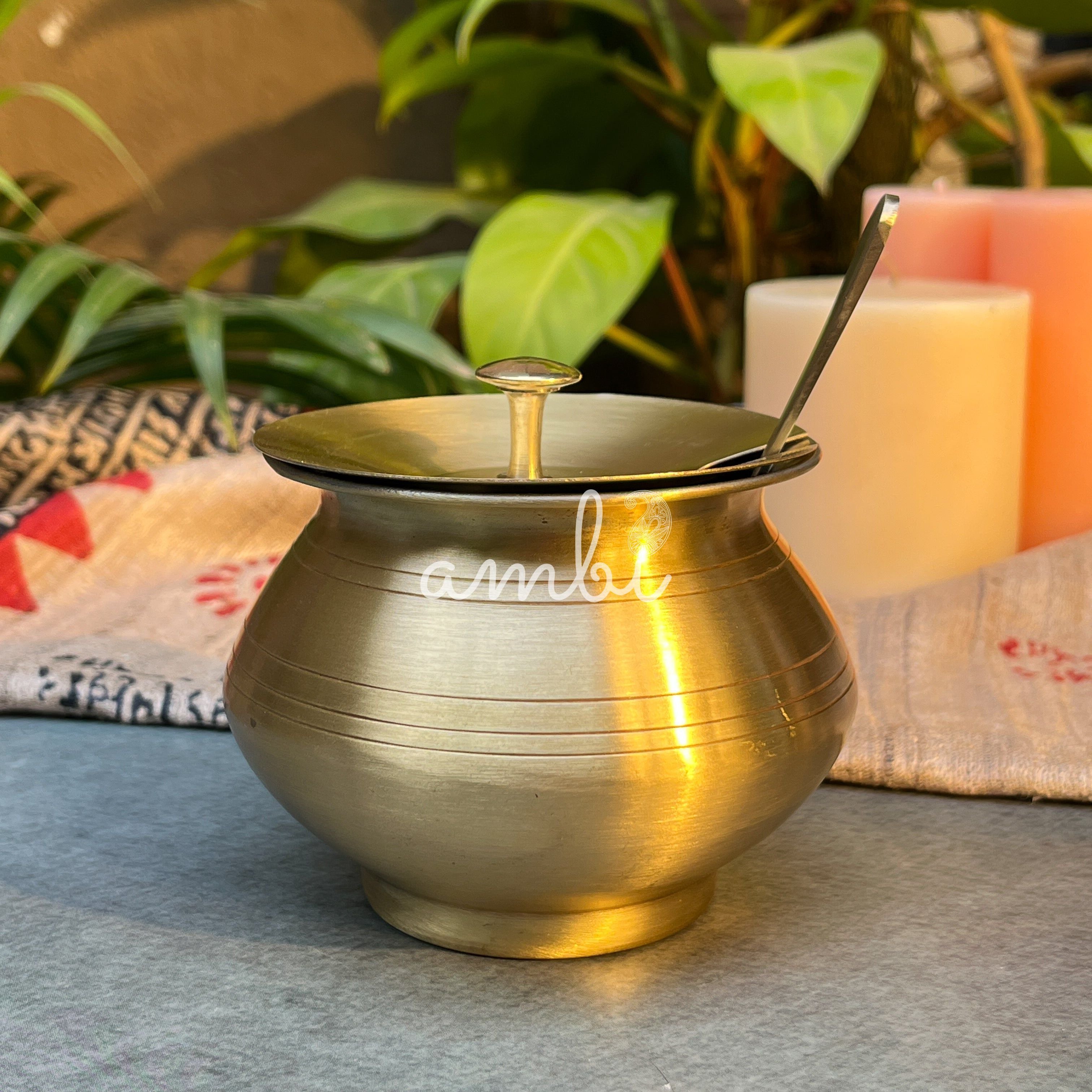 Pure Brass Ghee Pot (Matte) With Spoon - Gold Finish 350 ml