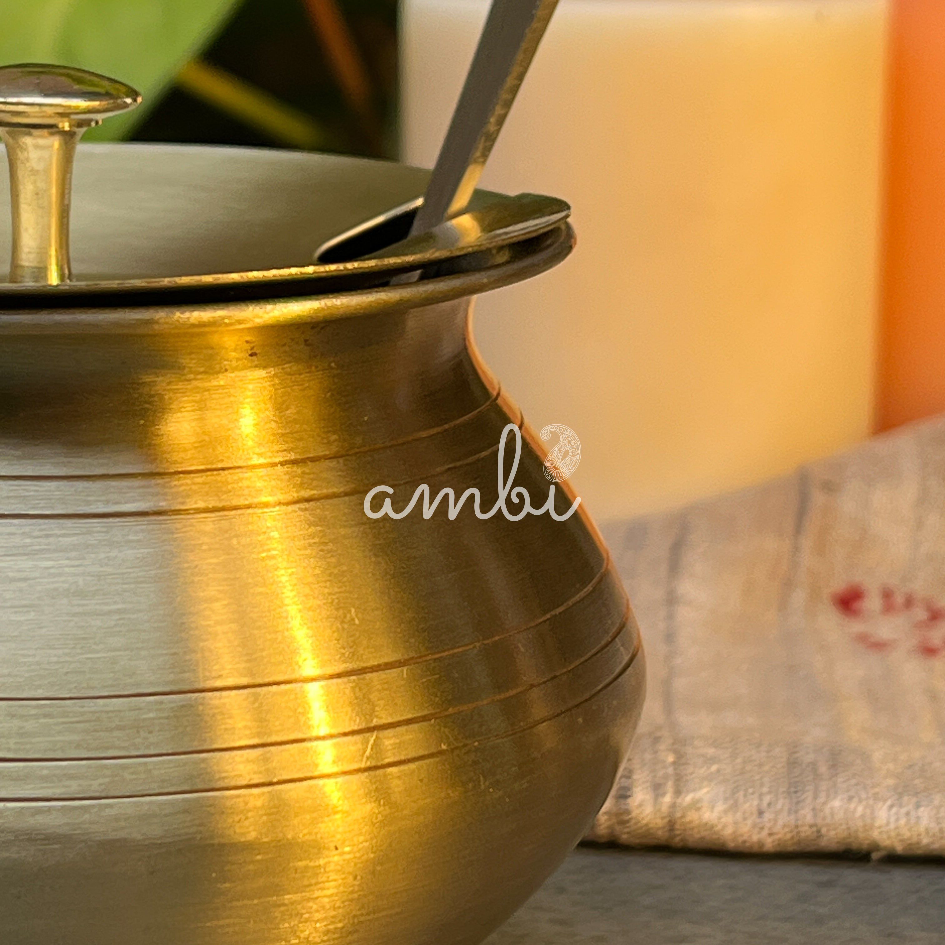 Pure Brass Ghee Pot (Matte) With Spoon - Gold Finish 350 ml