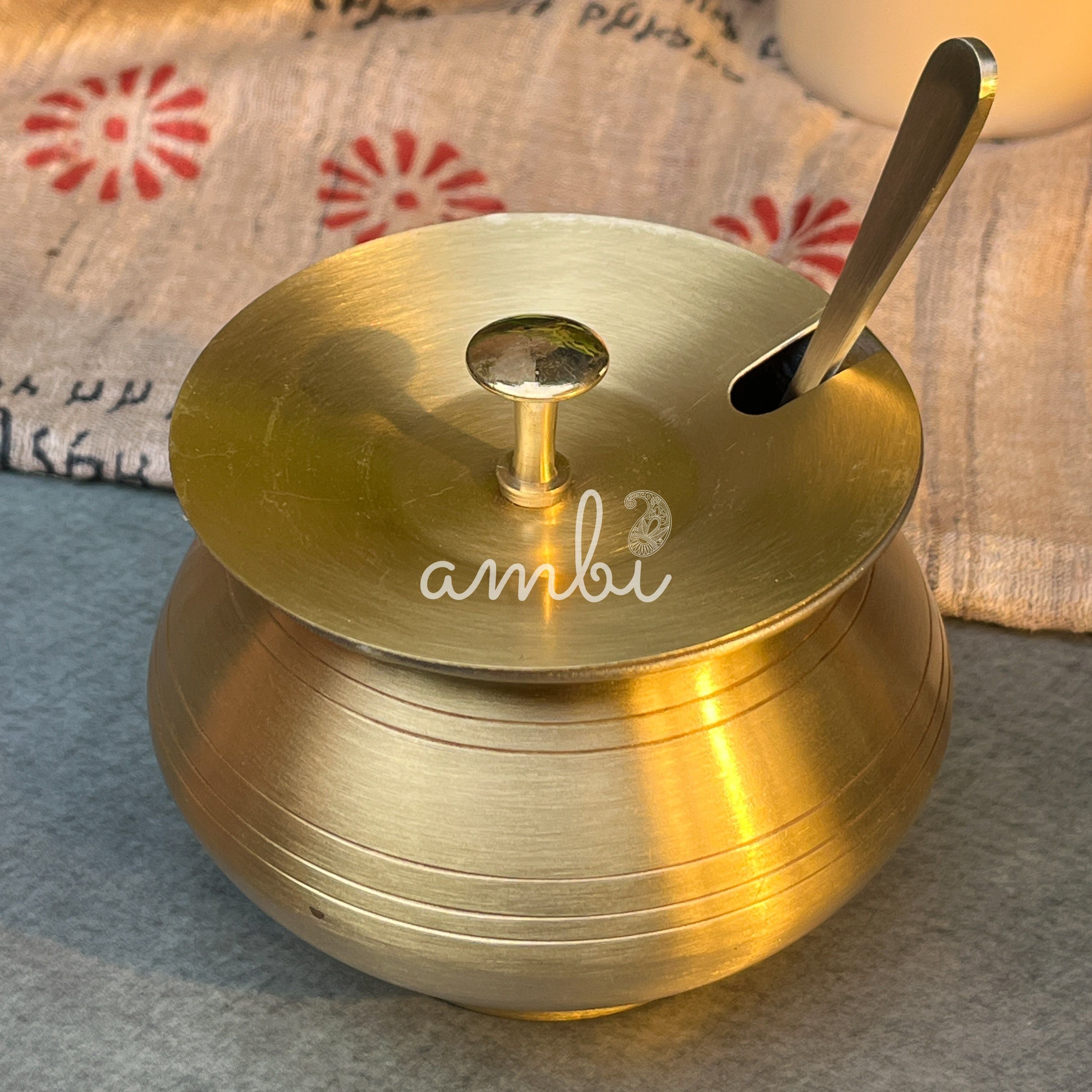 Pure Brass Ghee Pot (Matte) With Spoon - Gold Finish 350 ml