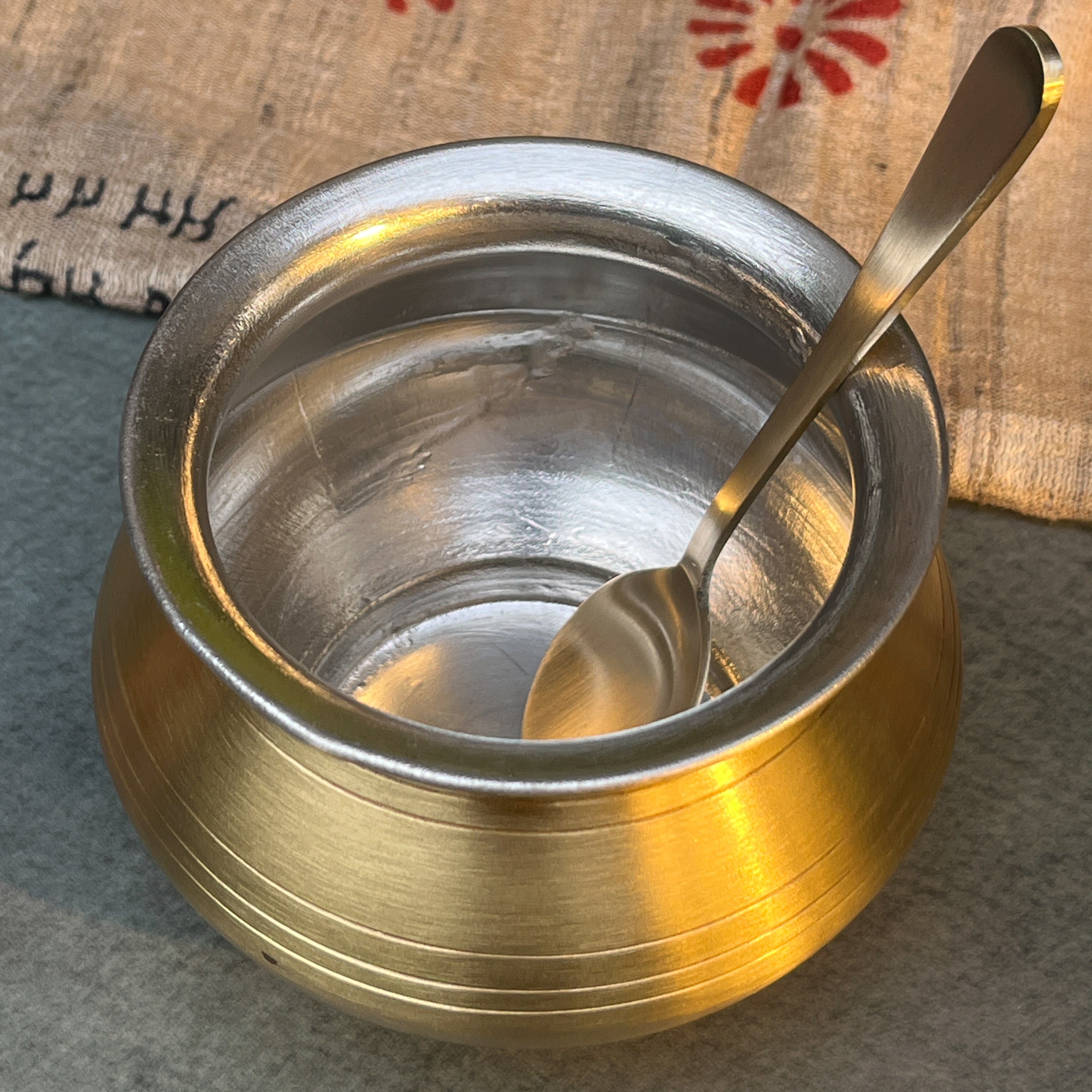Pure Brass Ghee Pot (Matte) With Spoon - Gold Finish 350 ml
