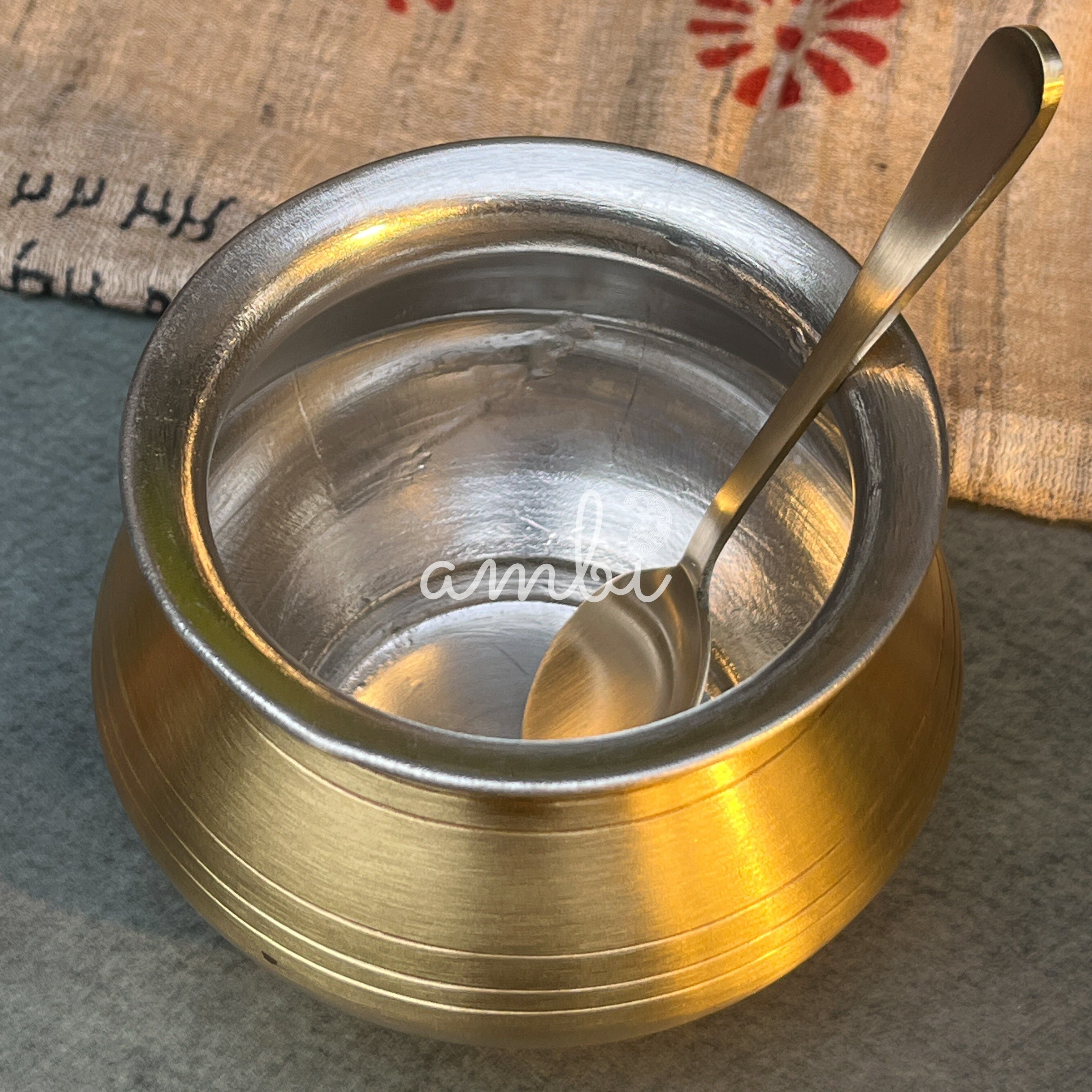 Pure Brass Ghee Pot (Matte) With Spoon - Gold Finish 350 ml