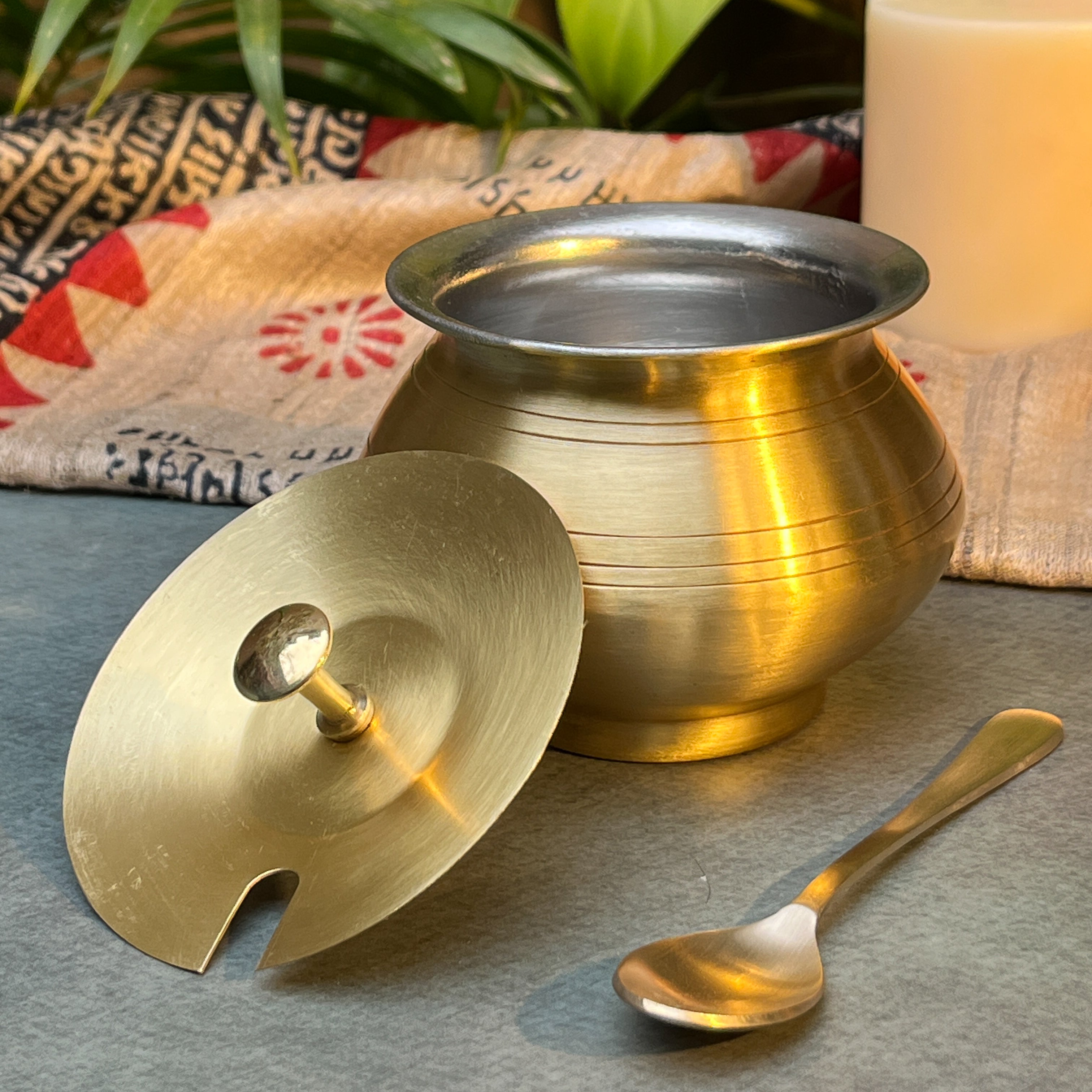 Pure Brass Ghee Pot (Matte) With Spoon - Gold Finish 350 ml