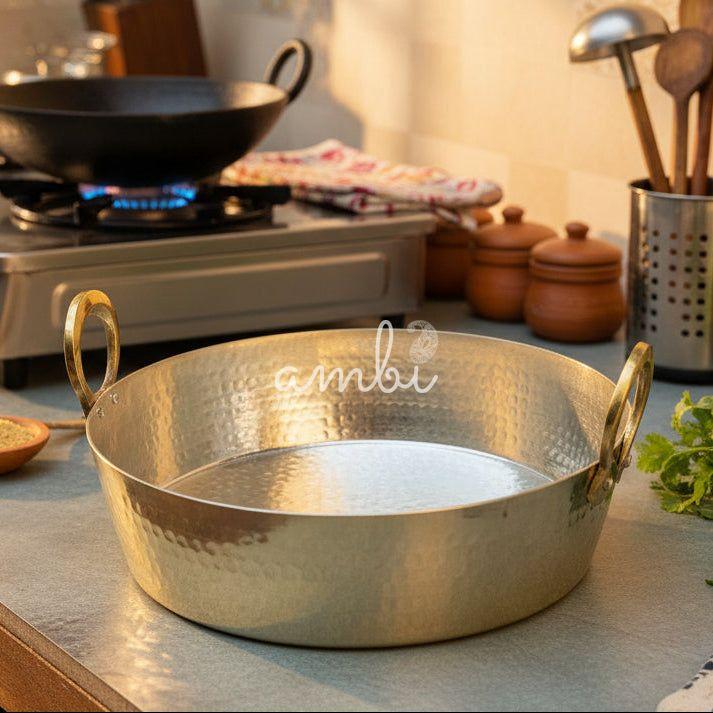 Pure Brass Traditional Hammered Heavy Kadhai / Kadai - Flat Base with 'Kalai' Coating - 10 inches Medium