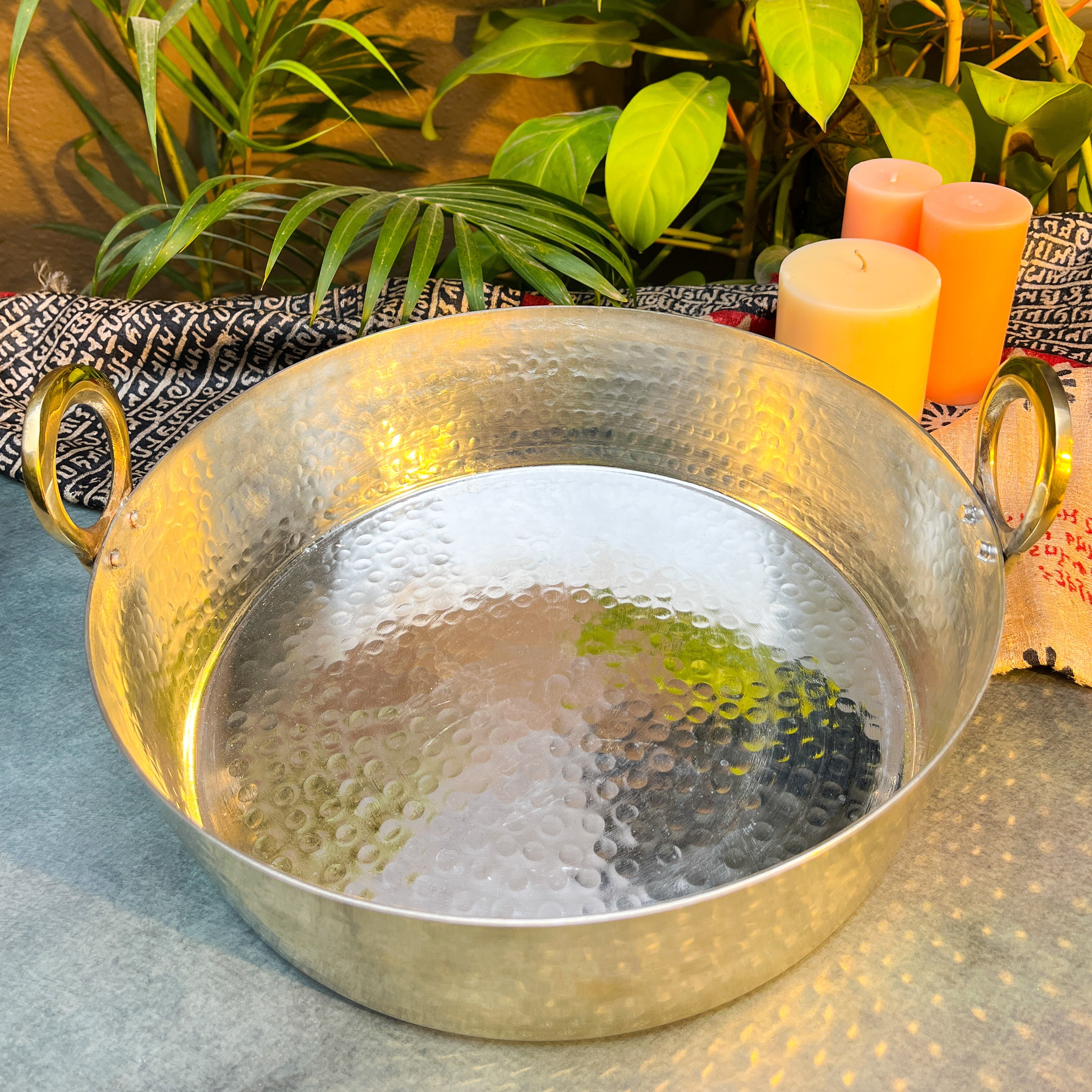 Pure Brass Heavy Hammered Kadhai — Flat Base with Kalai | 8 Inches Small | 1040g | Ambi