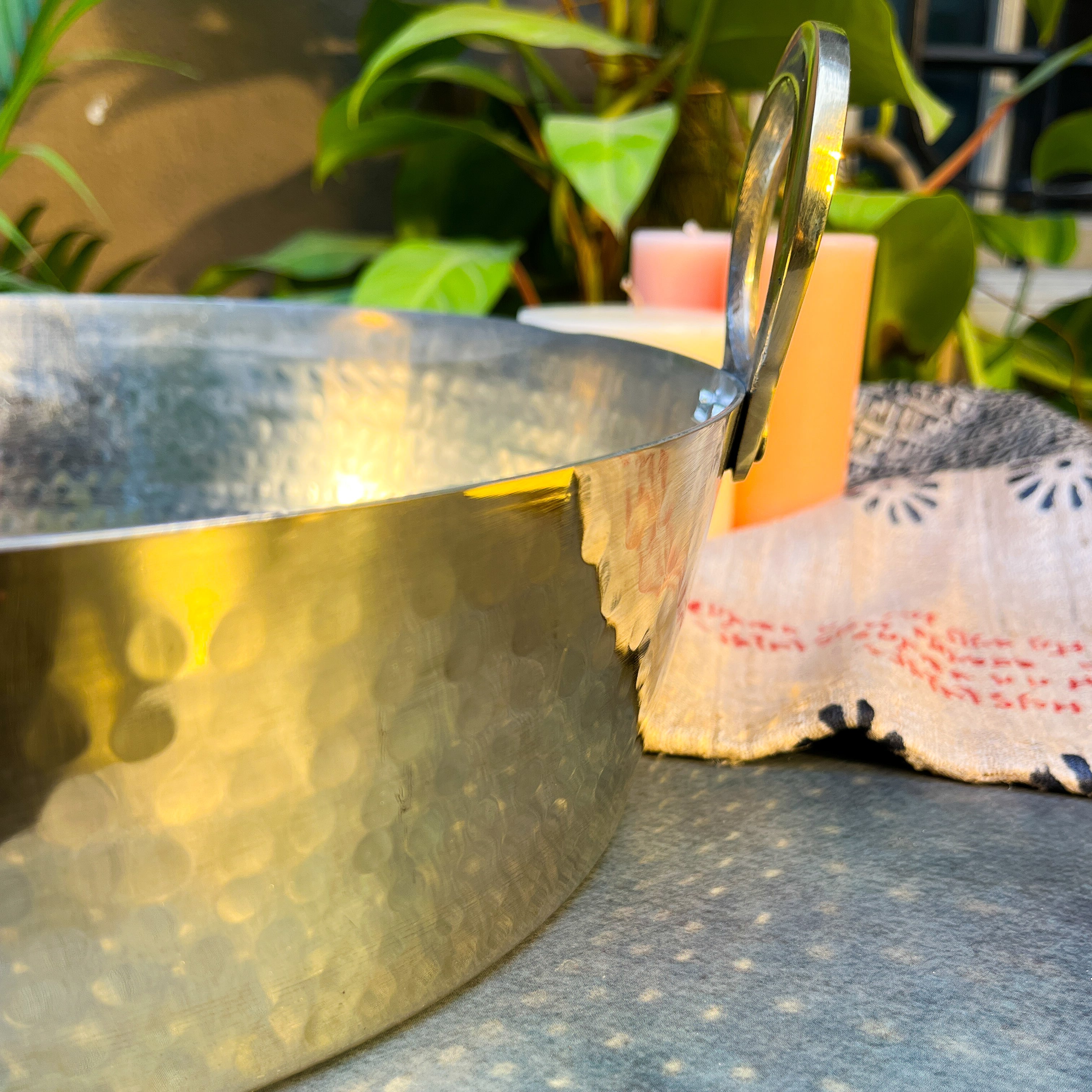 Pure Brass Heavy Hammered Kadhai — Flat Base with Kalai | 8 Inches Small | 1040g | Ambi