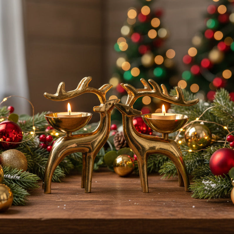 100% Pure Brass Reindeer Candle Holder Set of 2