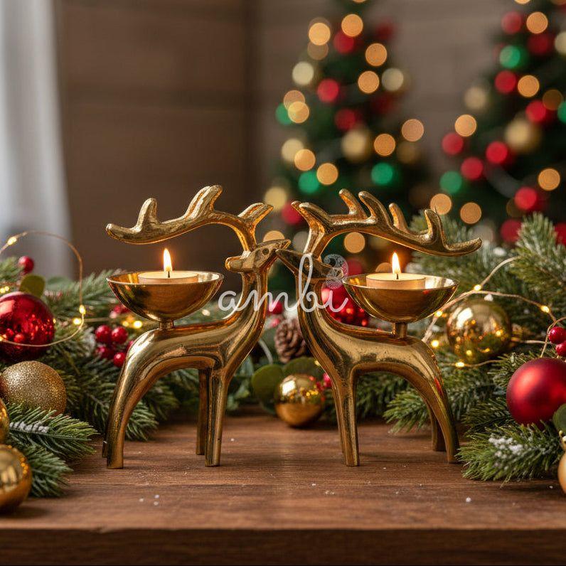 100% Pure Brass Reindeer Candle Holder Set of 2