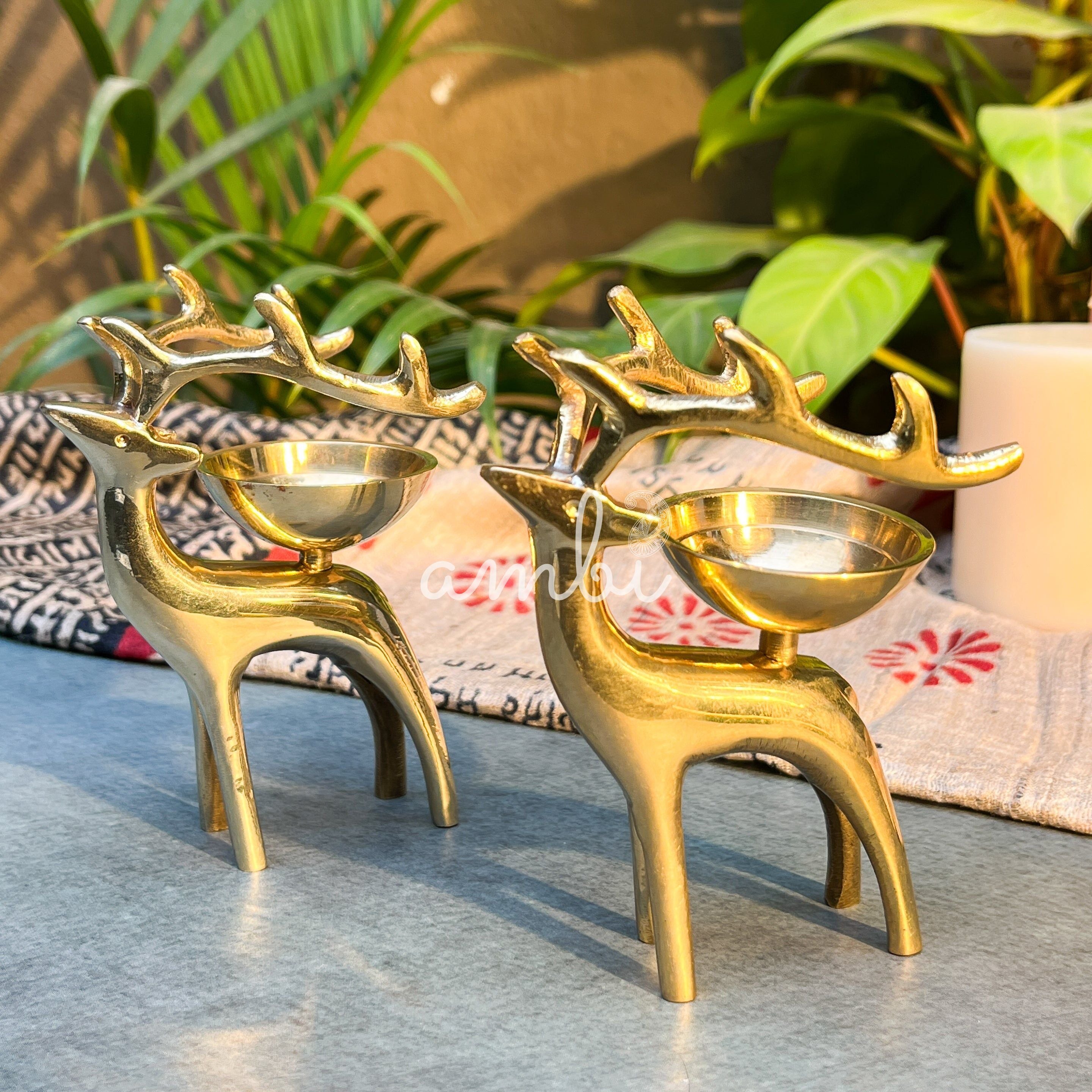 100% Pure Brass Reindeer Candle Holder Set of 2