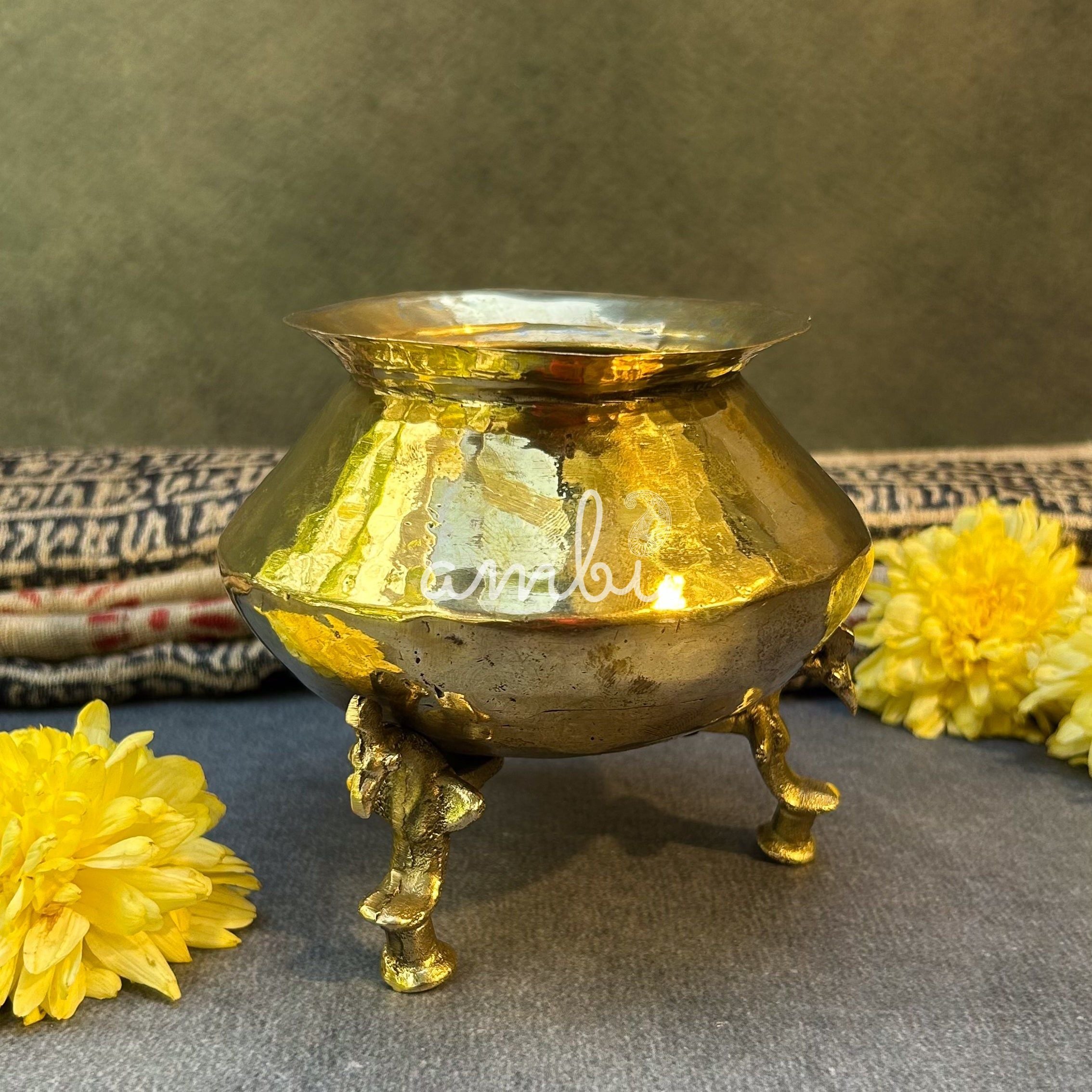 Ambi Vintage Hand-Hammered Pure Brass Water Pot with Ornate Legs - Small
