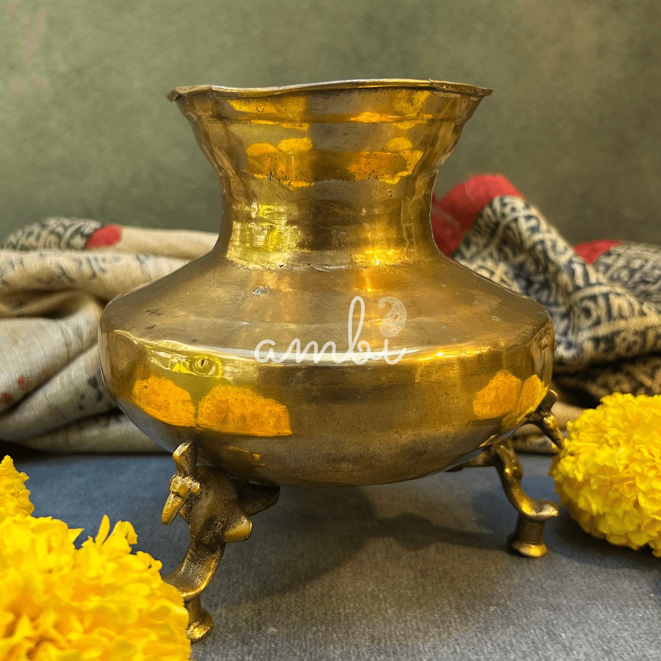 Ambi Handcrafted Vintage Style Brass Ritual Pot with Animal Motif Legs