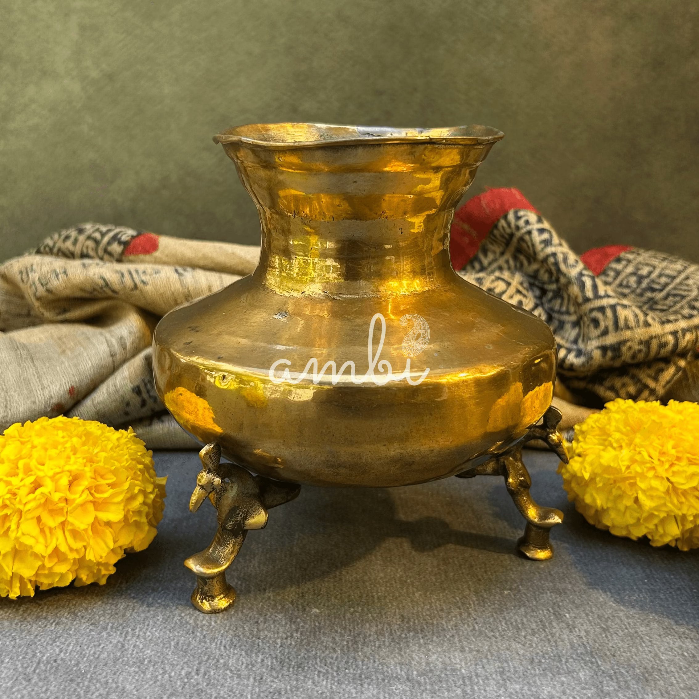 Ambi Handcrafted Vintage Style Brass Ritual Pot with Animal Motif Legs