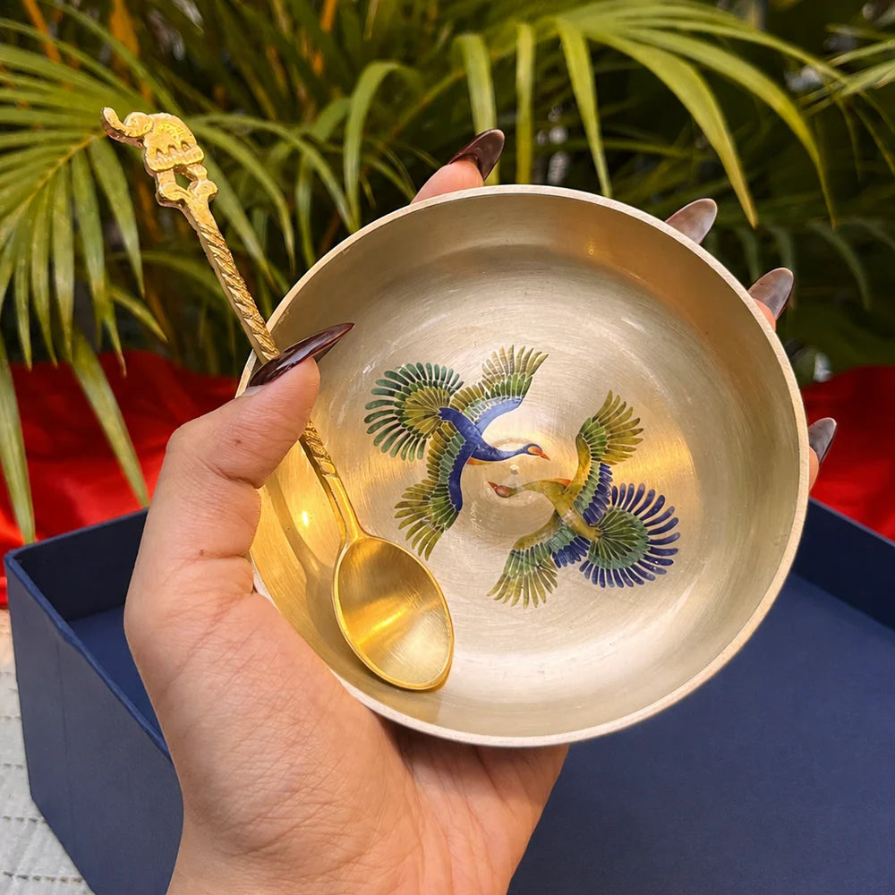 Kansa Dessert Plate & Elephant Spoon Set of 4 | Pattachitra Art | Premium Gift Box