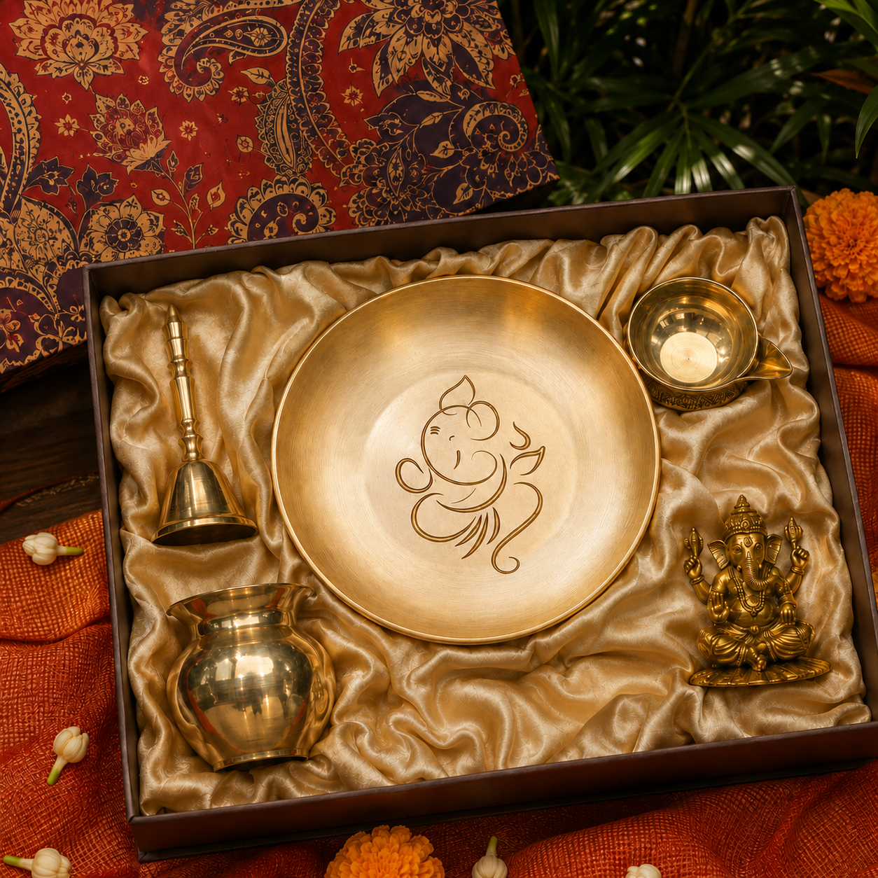 A brass Ganesha worship set presented in a dark box lined with gold satin, including a large plate engraved with Ganesha, a small brass pot, a bell, a bowl, and a small Ganesha statue, styled on an orange fabric with a red paisley cloth in the background.