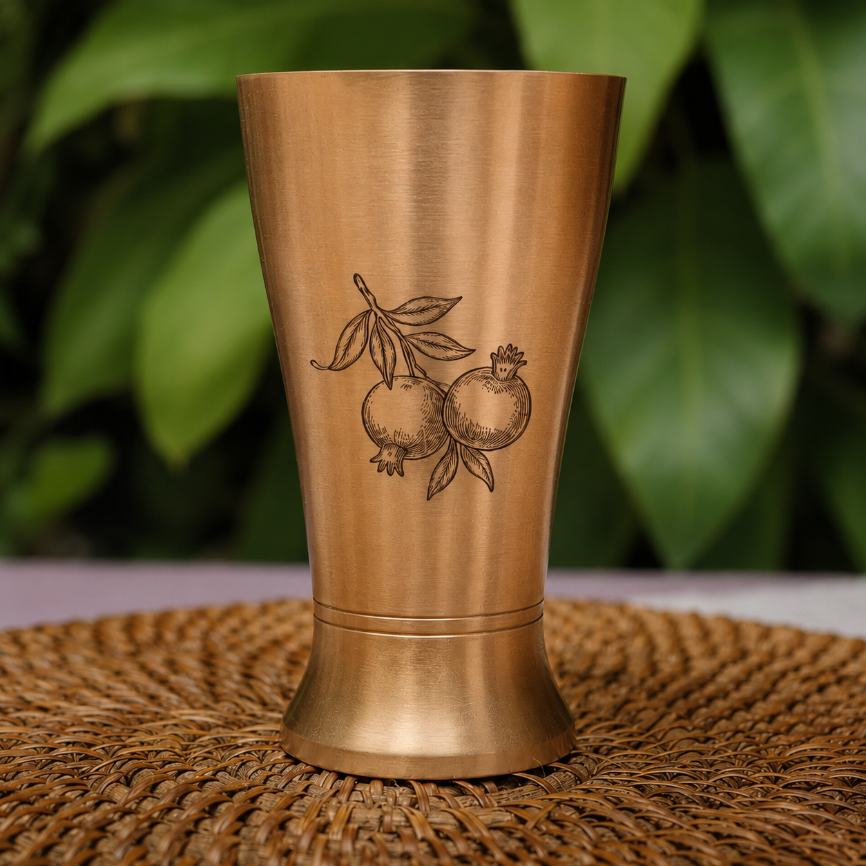 A brushed brass tumbler with an engraved pomegranate design, resting on a woven placemat with a blurred green leaf background.
