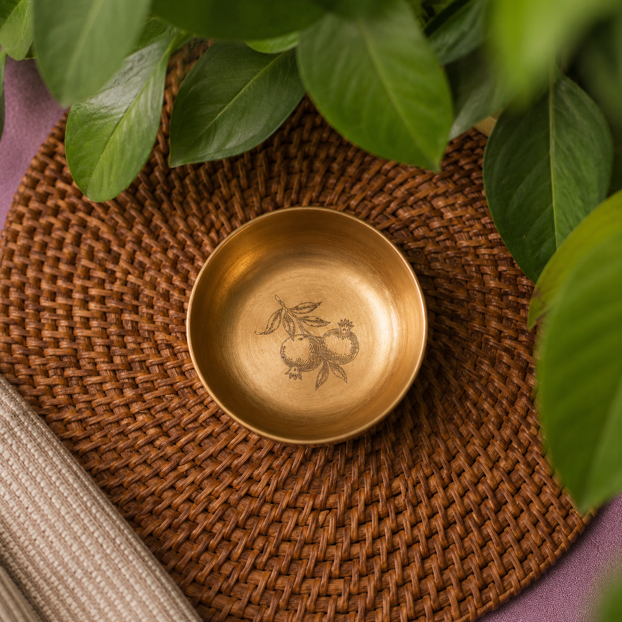 A small round brass bowl with an engraved fruit design, placed on a woven brown placemat with green leaves and a striped napkin nearby.