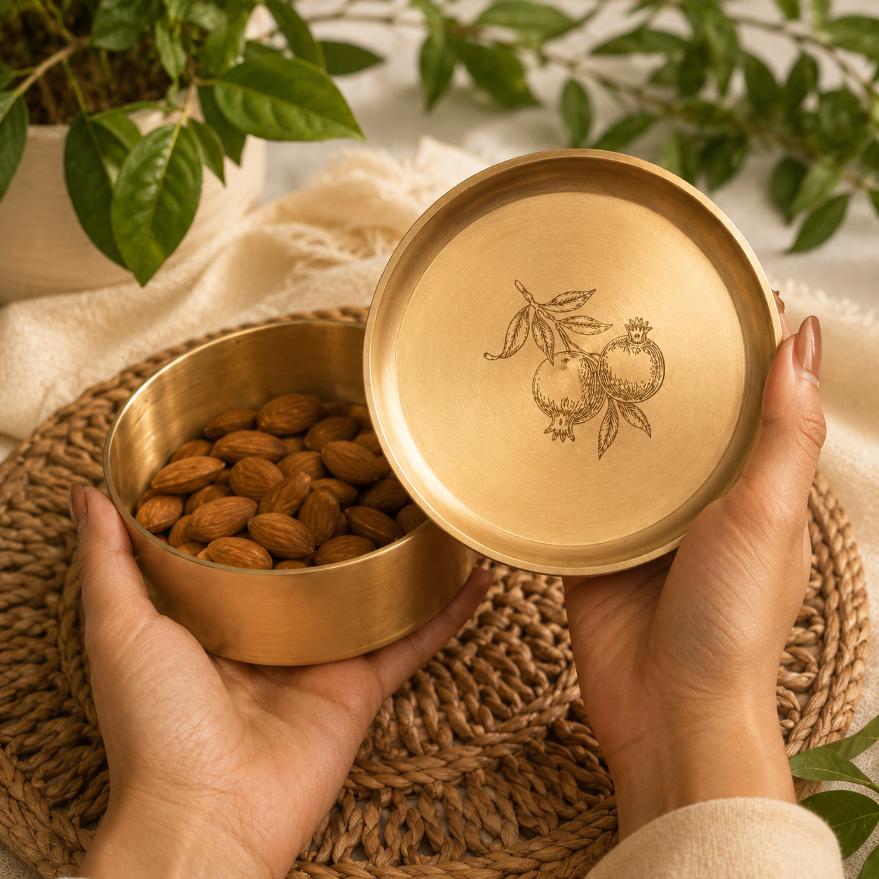 A person holds an open round brass-toned storage box filled with almonds, with the lid shown beside it. The lid has an engraved fruit illustration.