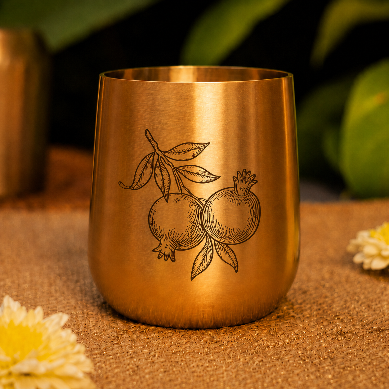 A brushed brass tumbler cup featuring an engraved illustration of pomegranates, set on a textured brown surface with blurred yellow flowers and green foliage in the background.