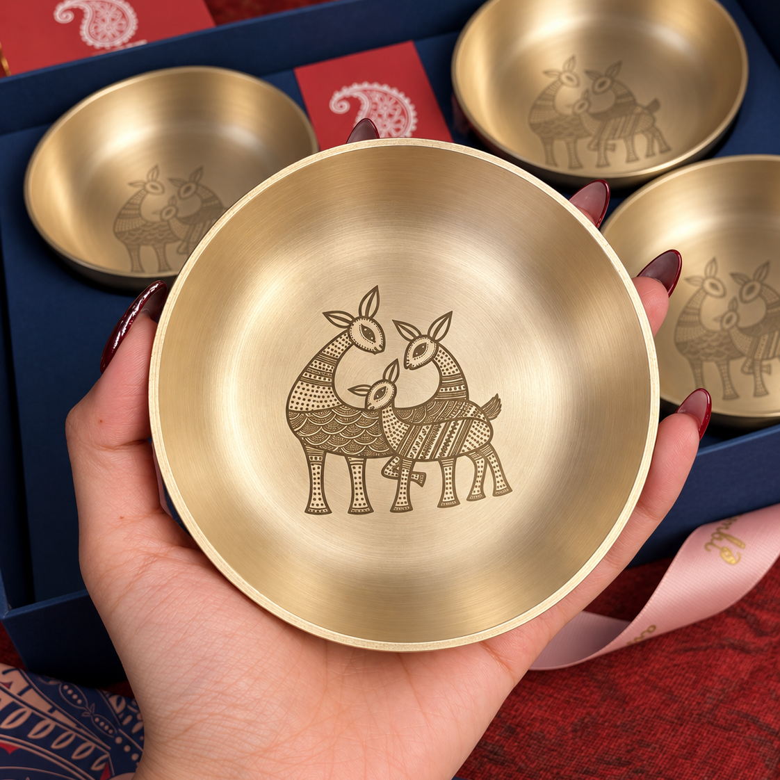 Ambi Mriga Vana Etched Pure Kansa Mini Thali Gift Box | Gond-Inspired Collection | Set of 4